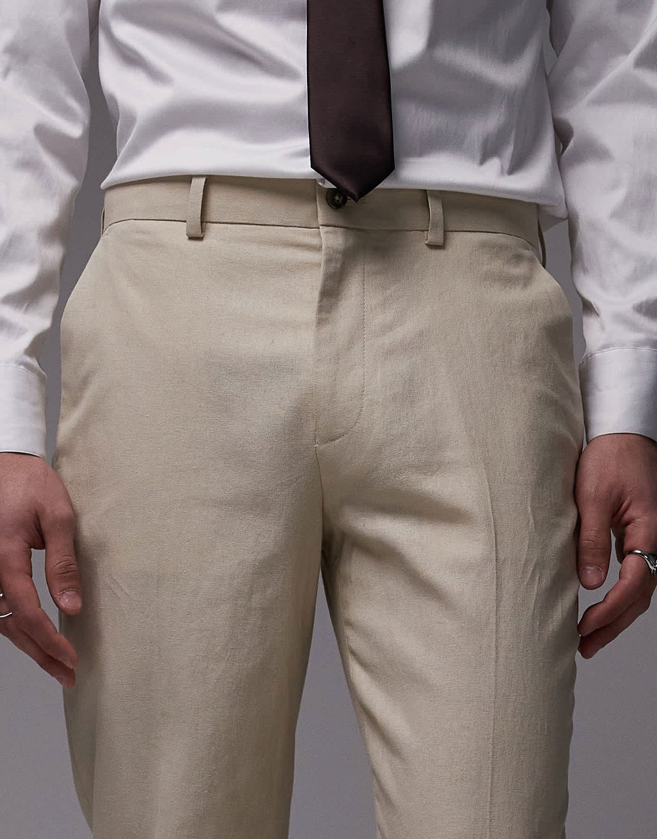 Topman straight linen blend suit trousers in stone