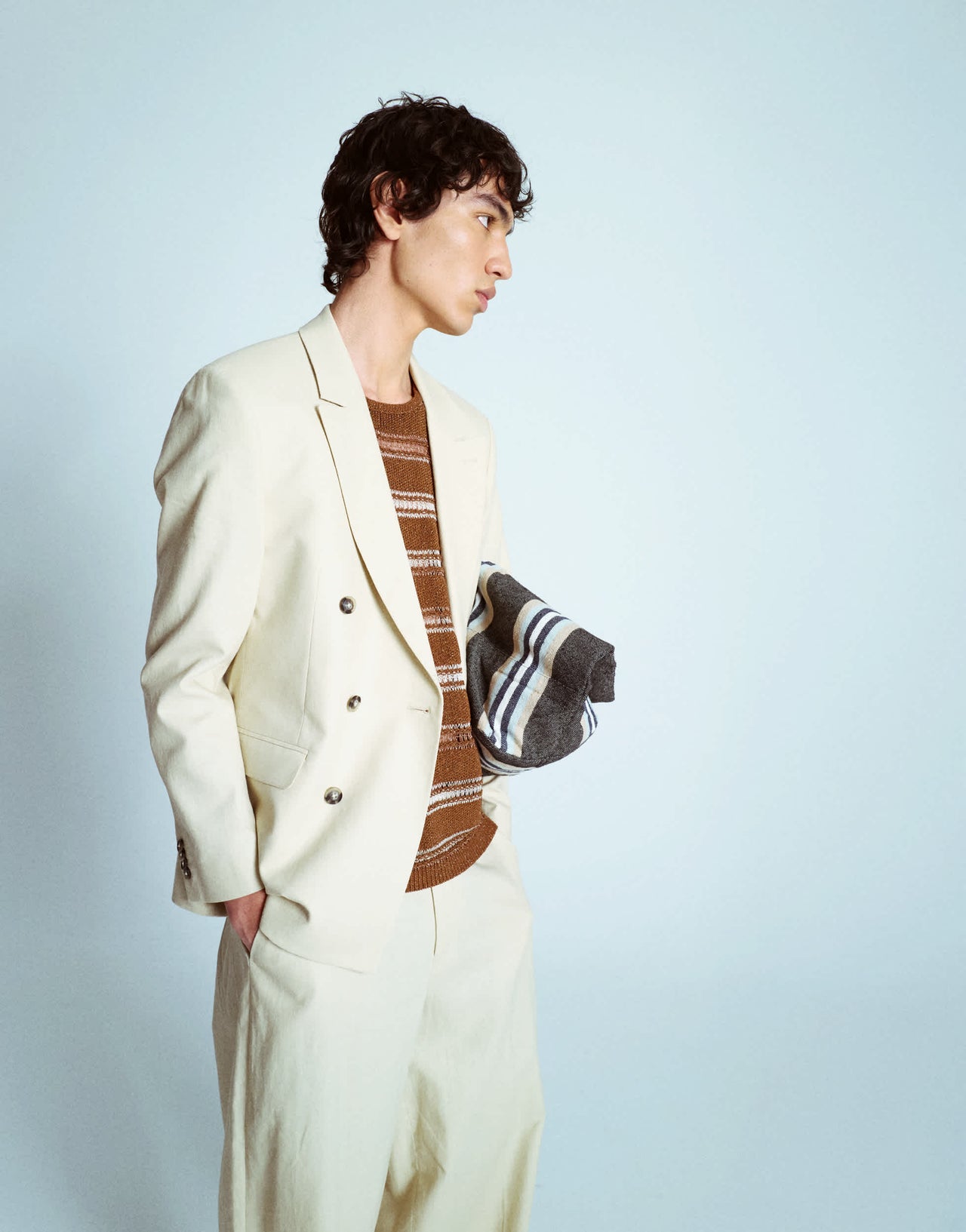 Topman double breasted linen blend blazer in stone
