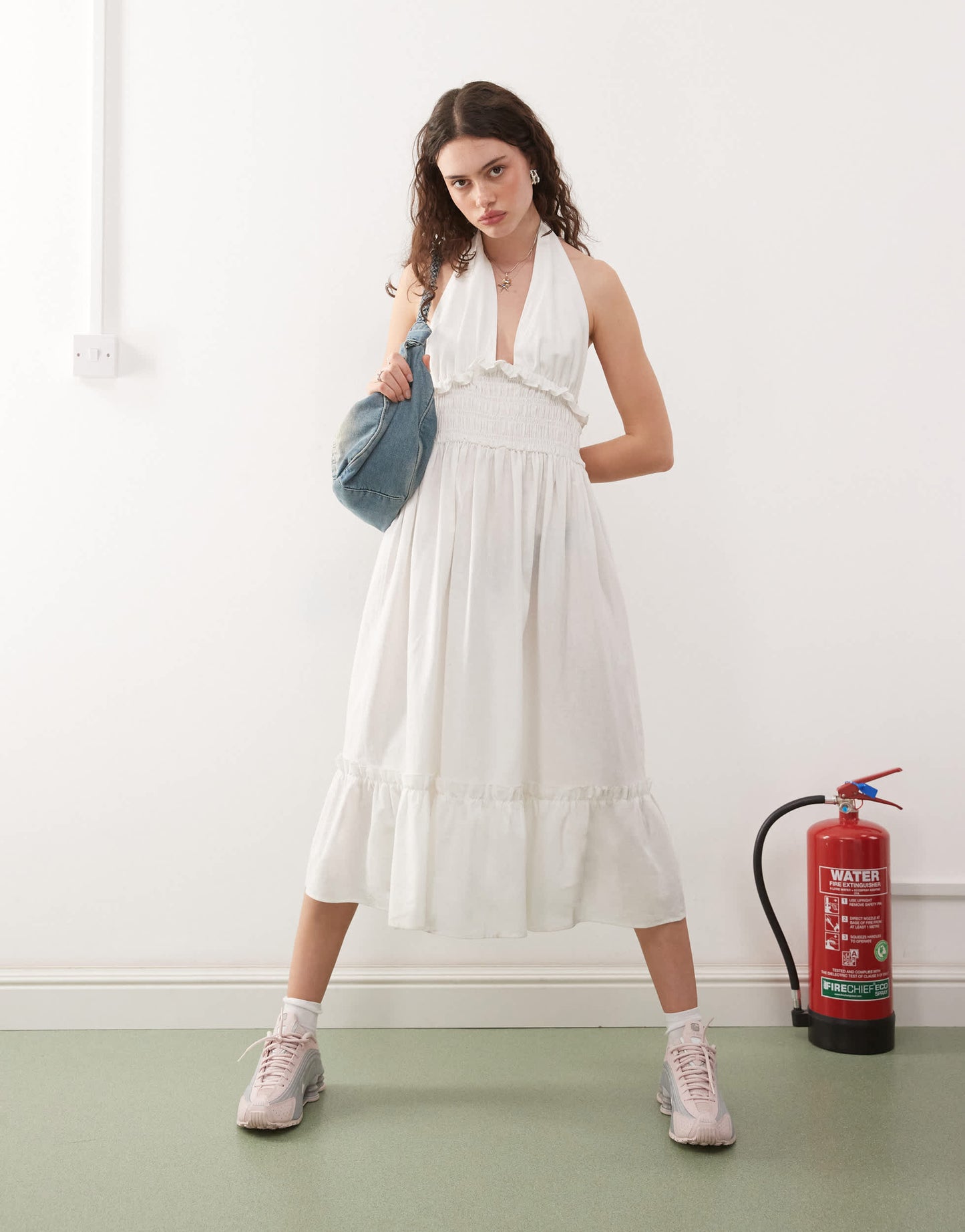 COLLUSION linen look halter midi dress in white - WHITE