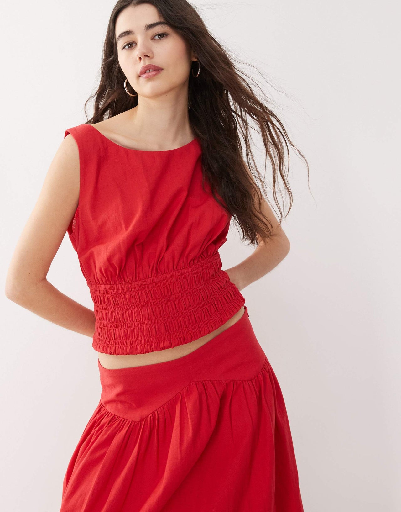 COLLUSION linen look shirred waist top co-ord in red