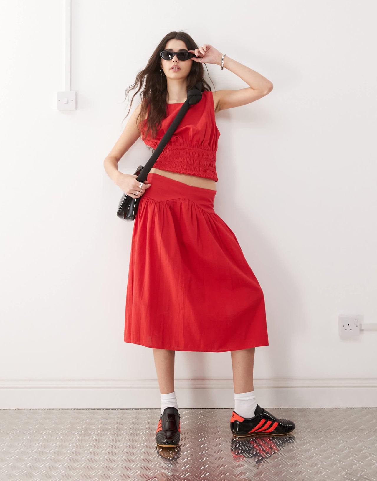 COLLUSION linen look shirred waist top co-ord in red