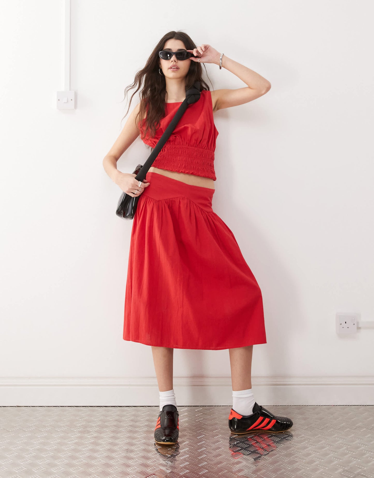 COLLUSION linen look shirred waist top co-ord in red