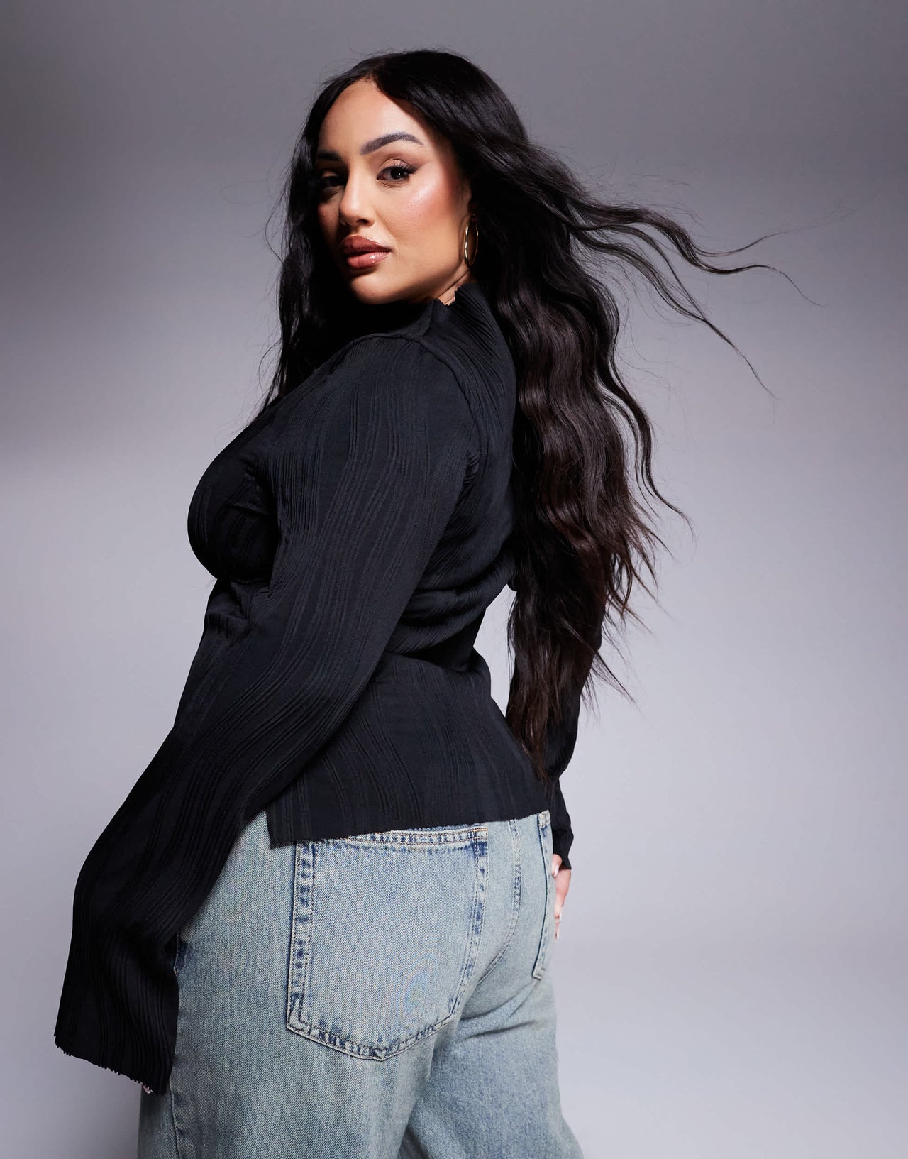 ASOS DESIGN curve plisse long sleeve top with grown on neck in black
