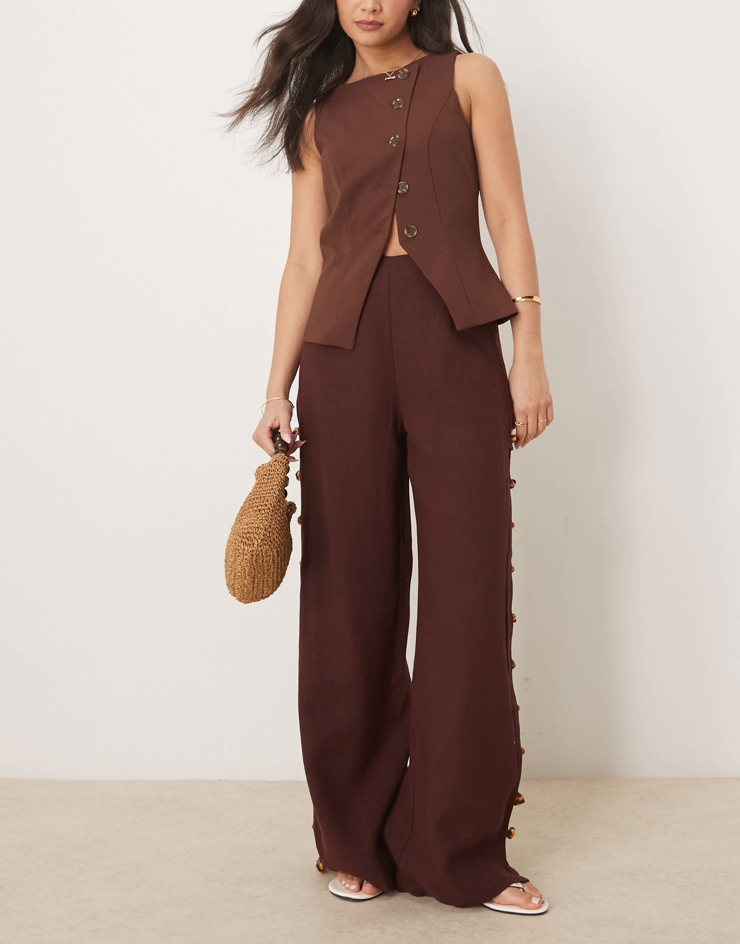 VRG GRL tia linen pants with bead detailing in burgundy