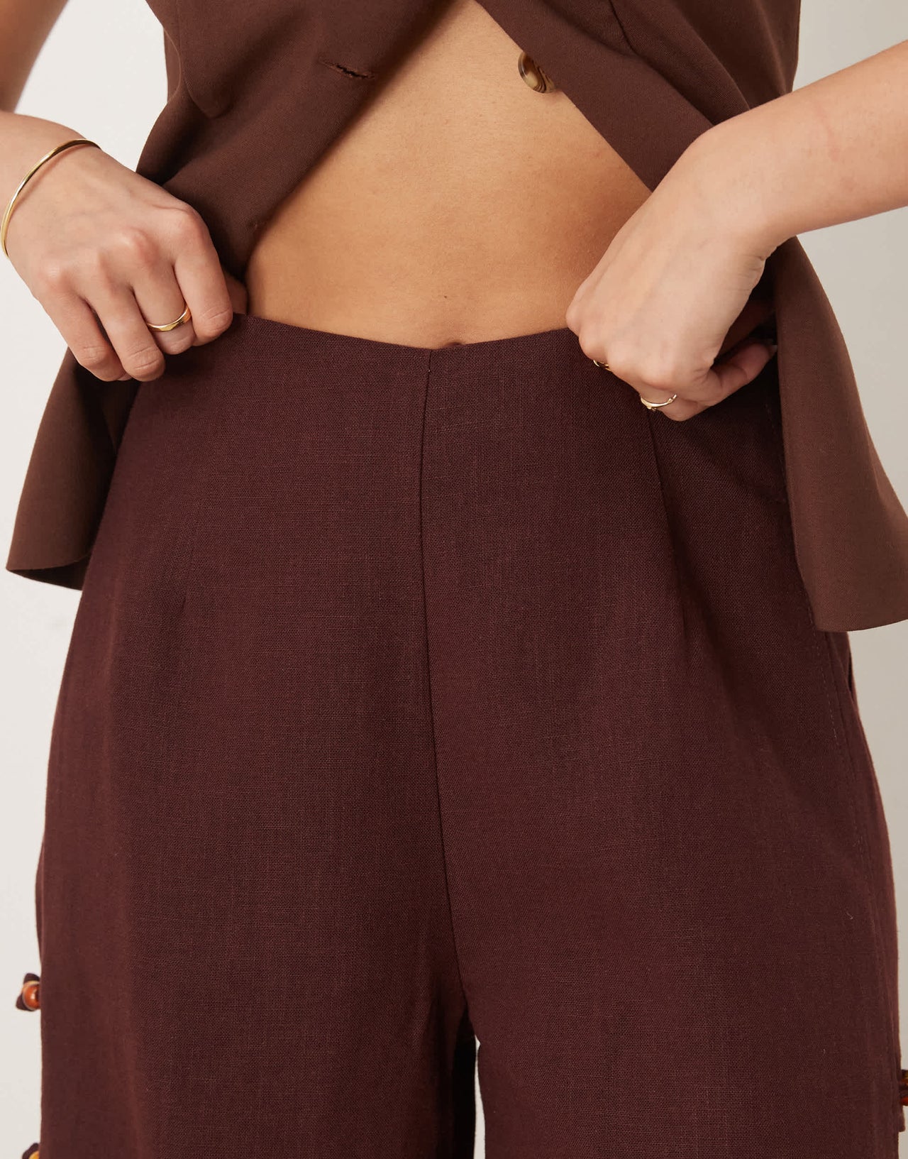 VRG GRL tia linen pants with bead detailing in burgundy