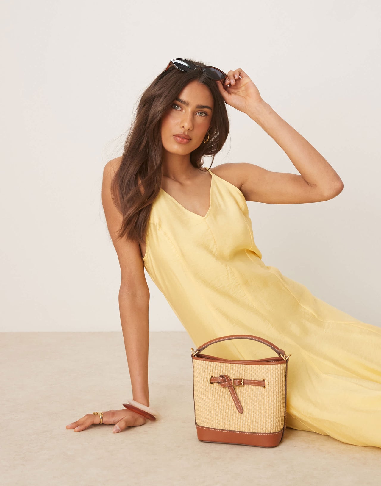 Selected structured long dress in pale yellow