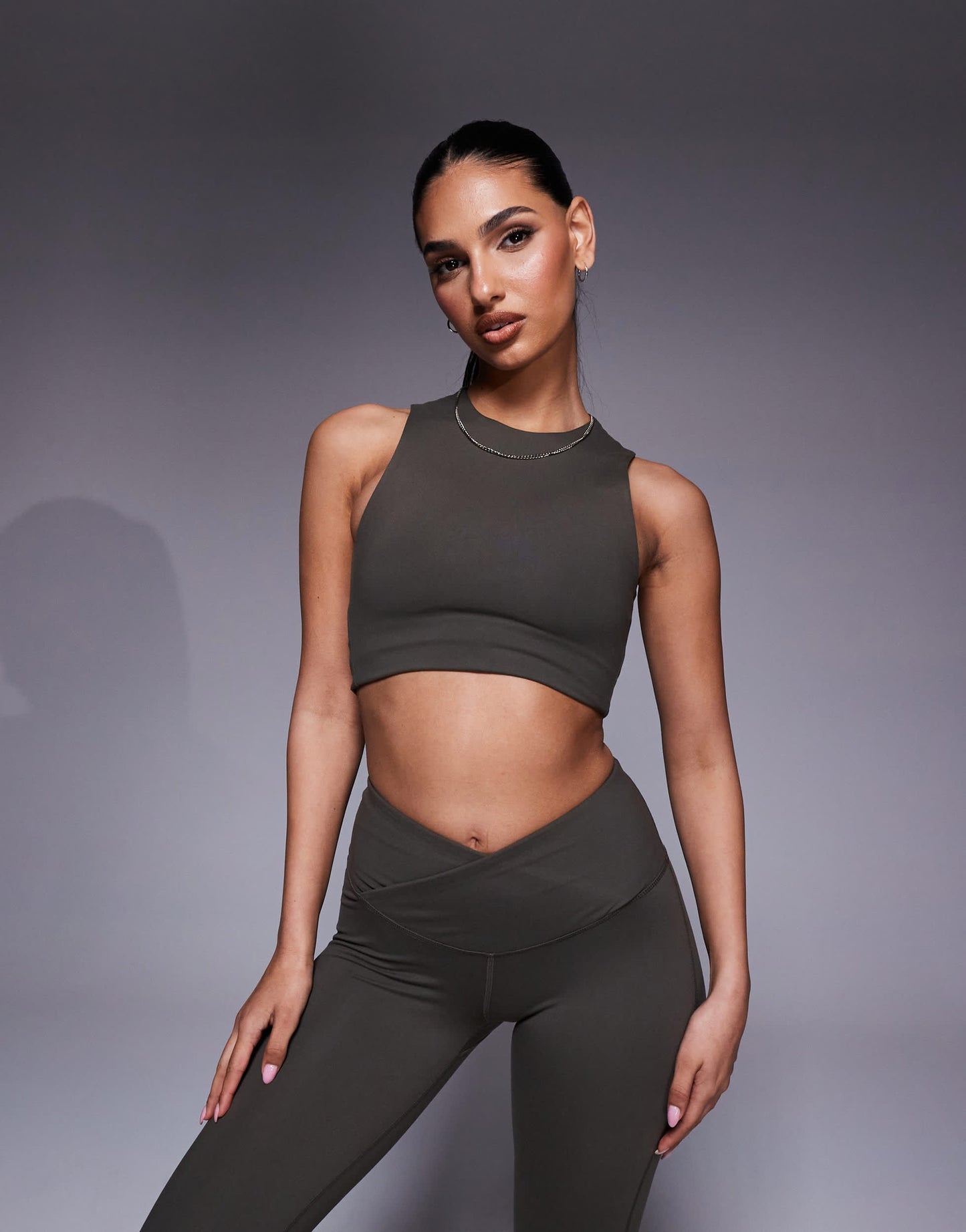4505 Icon soft touch high neck tank with inner bra in dark olive