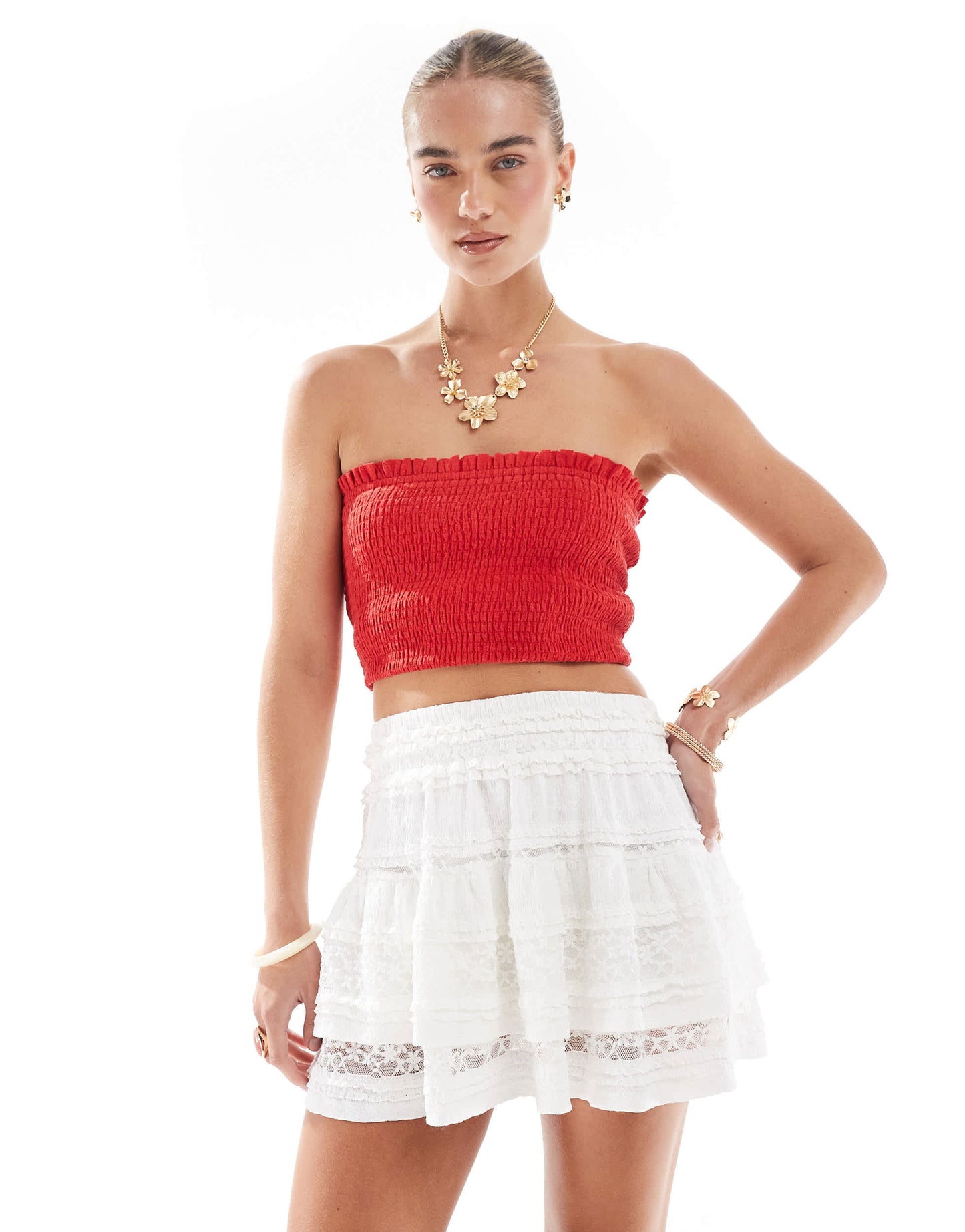 The Frolic exclusive embroidered ruffle tiered lace rara mini skirt in cream