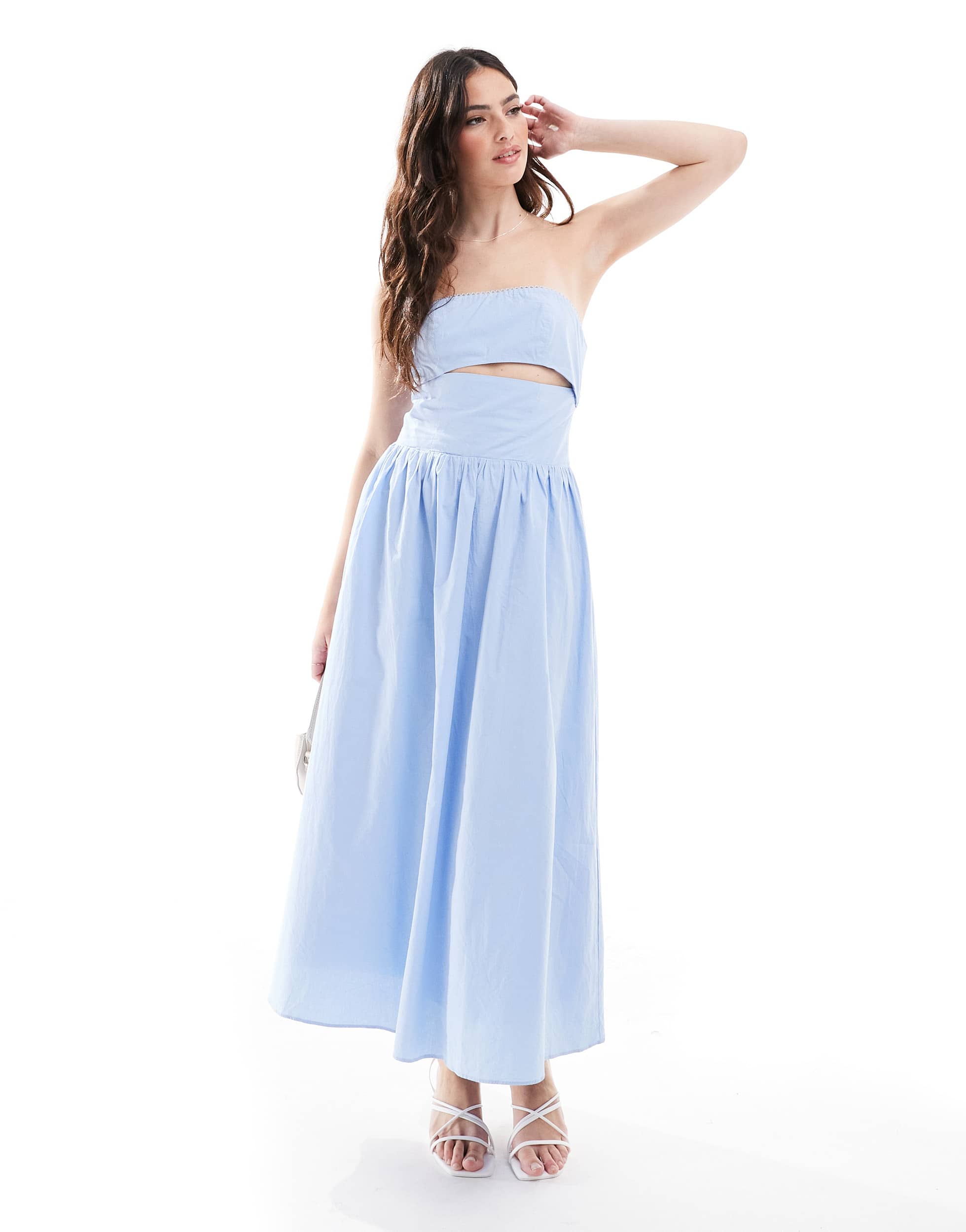 The Frolic exclusive poplin bandeau cut out tie back detail maxi dress in blue