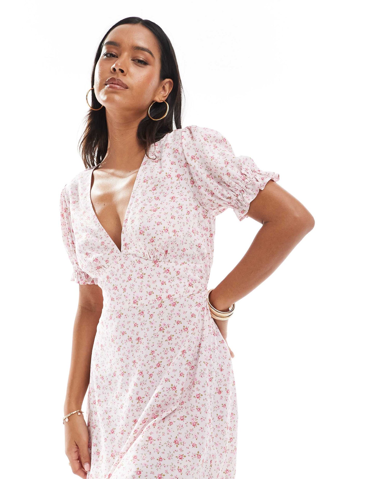 Miss Selfridge printed spun v neck mini tea dress in pink ditsy print