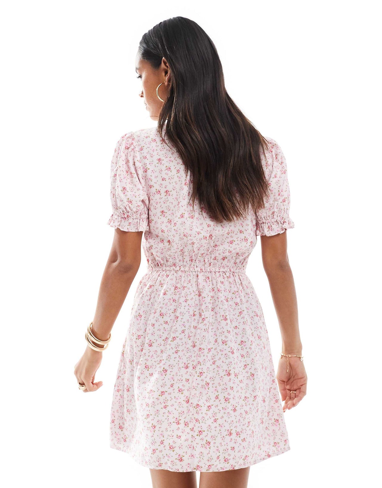 Miss Selfridge printed spun v neck mini tea dress in pink ditsy print