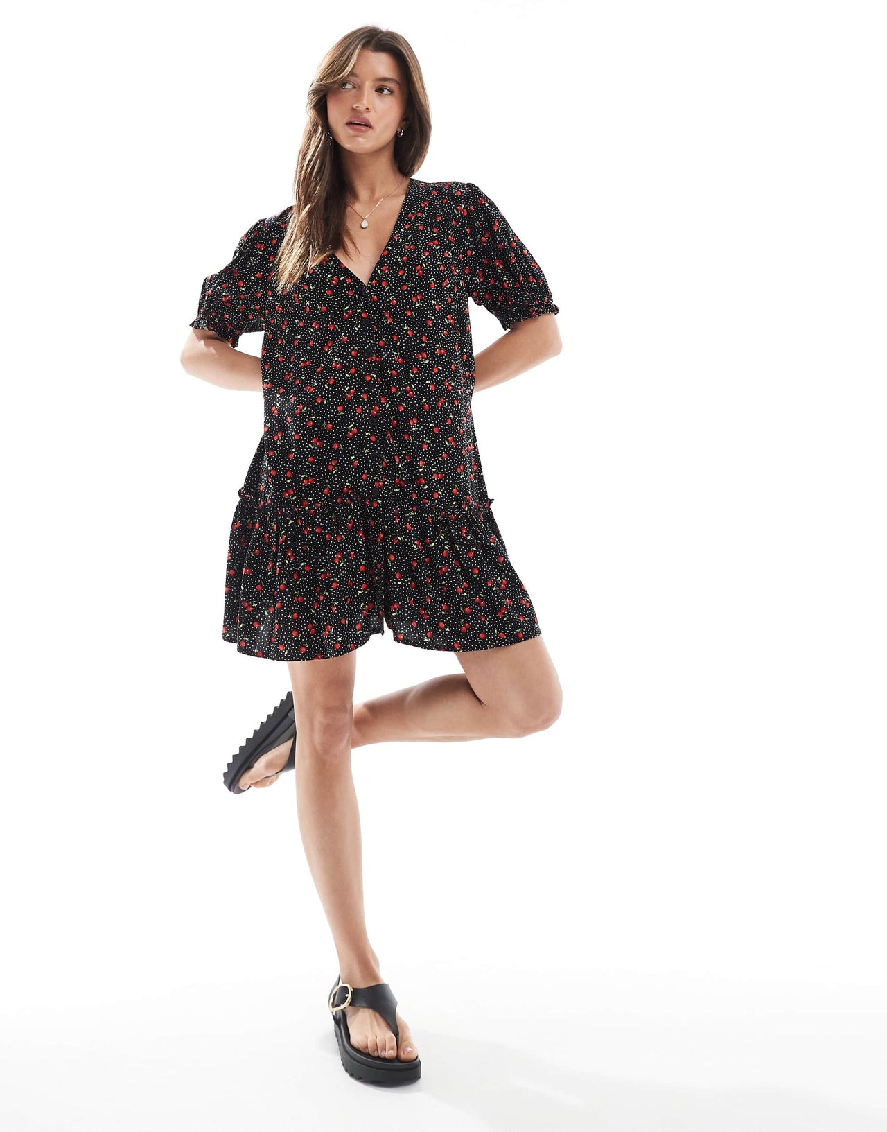Miss Selfridge printed spun smock dress in Black Cherry Print