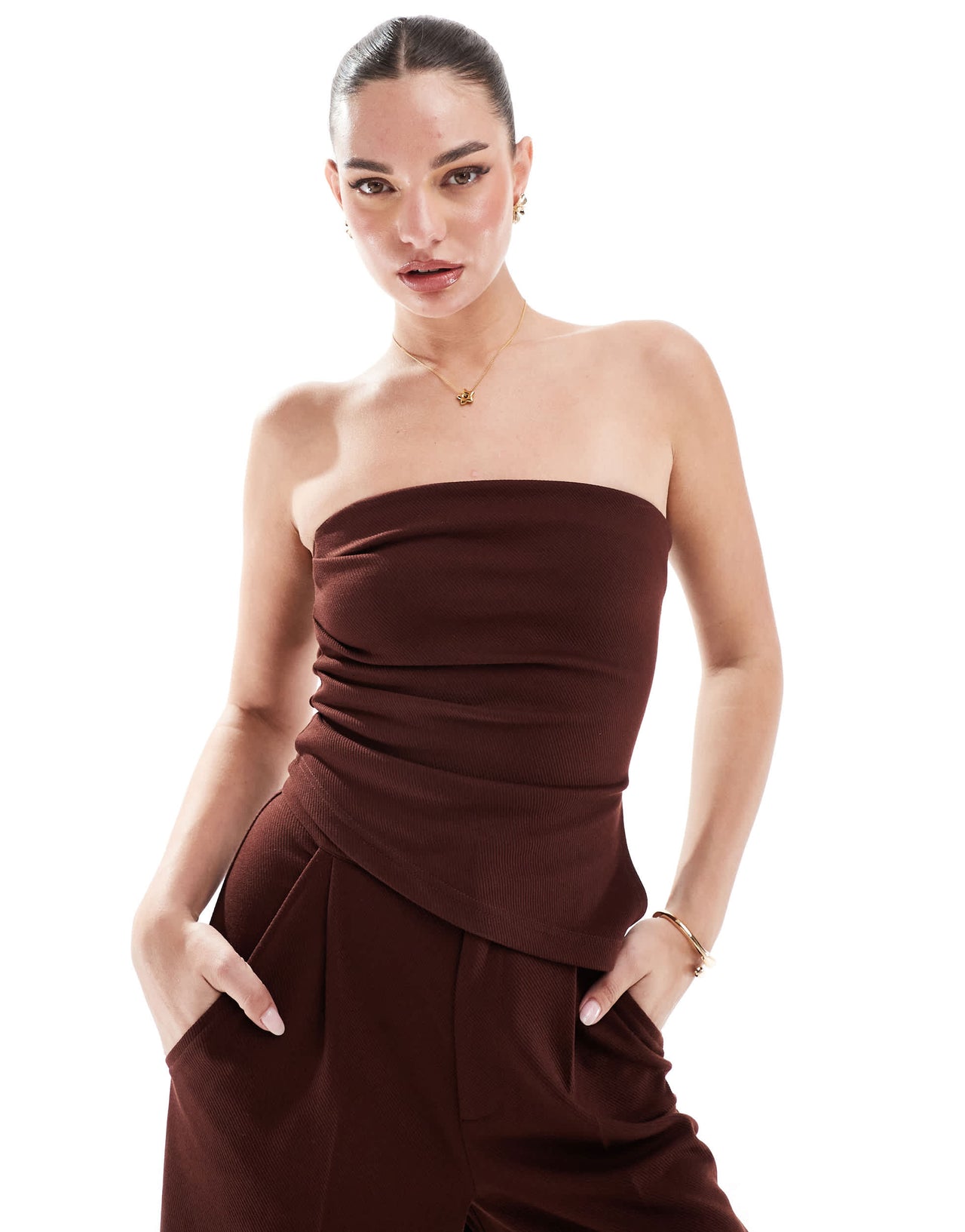 ASOS DESIGN co-ord strapless ruched side bandeau top in chocolate