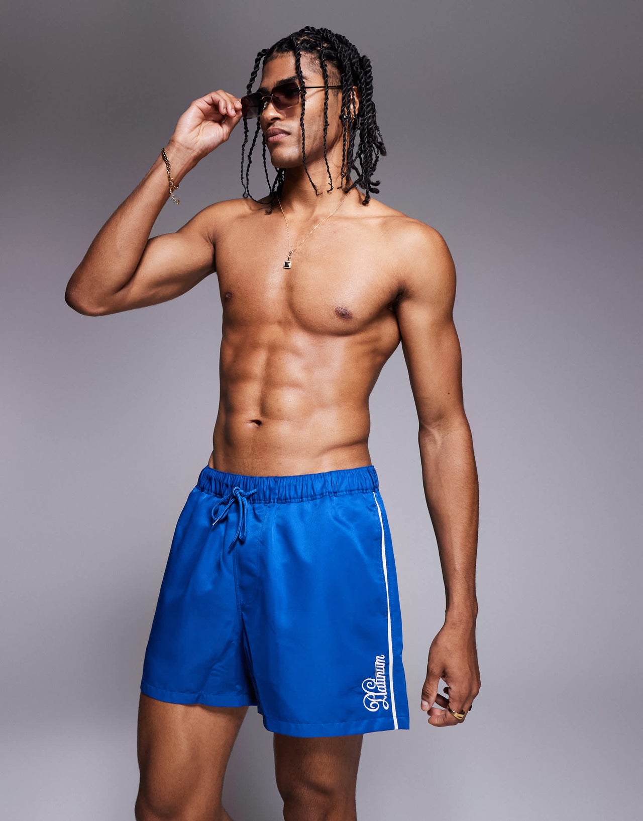 ASOS DESIGN swim shorts in short length with embroidery in blue