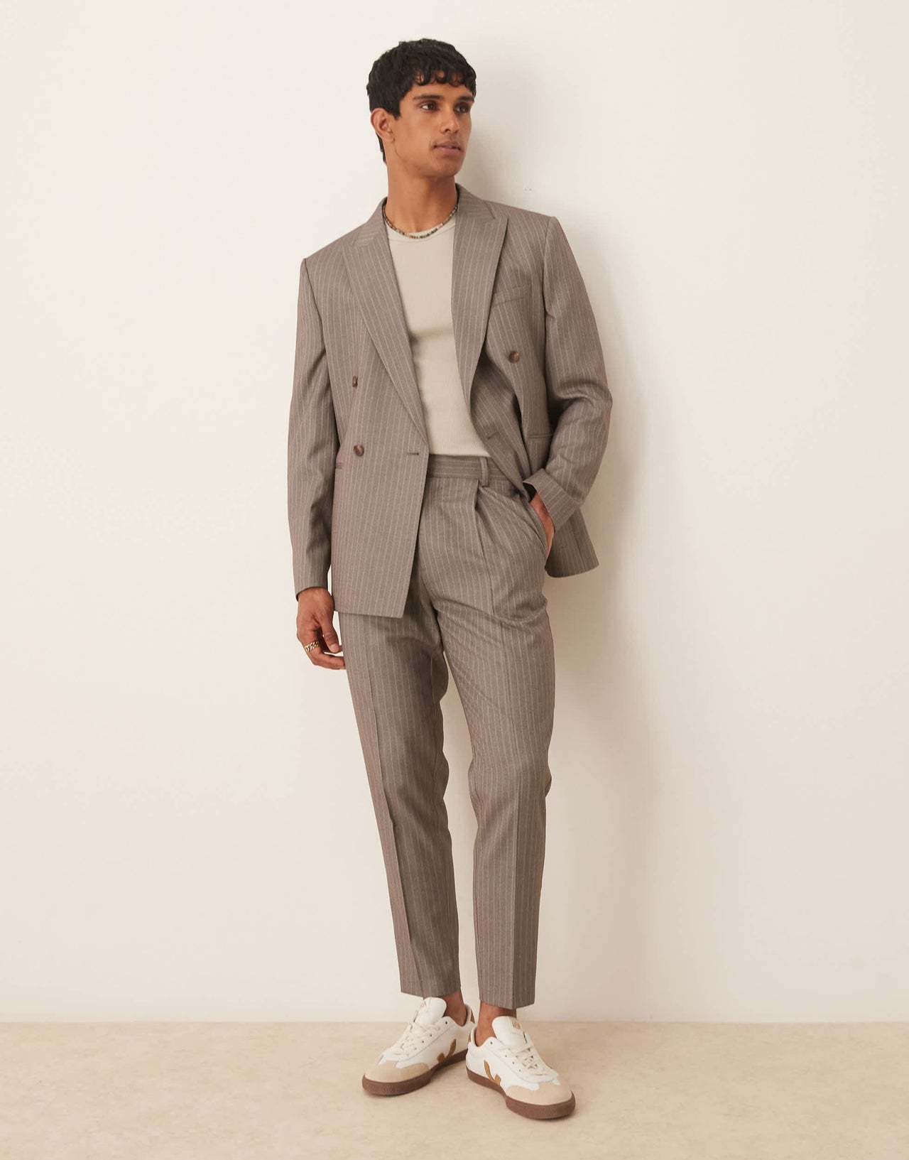 ASOS DESIGN tapered suit trousers in brown pinstripe twill
