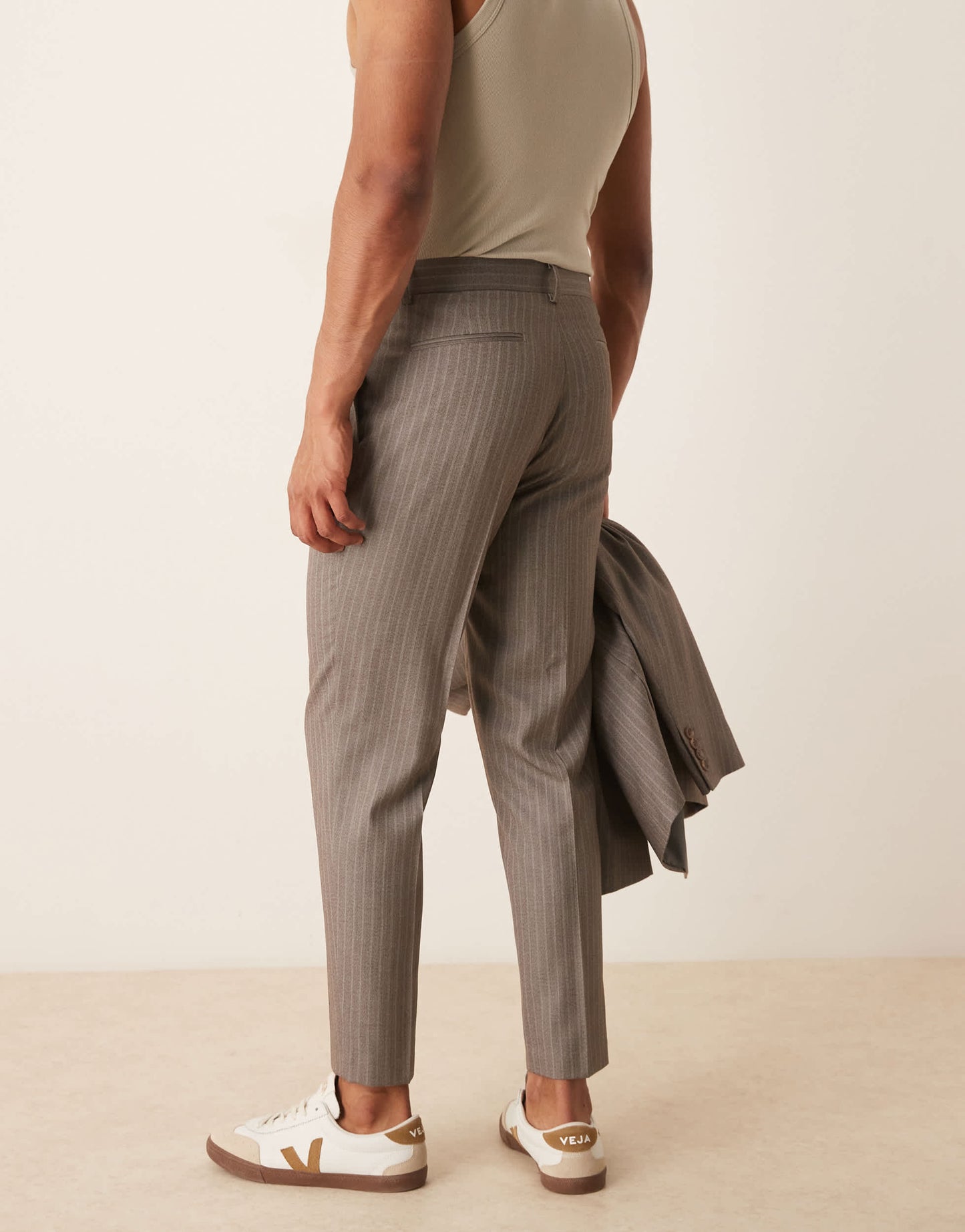 ASOS DESIGN tapered suit trousers in brown pinstripe twill