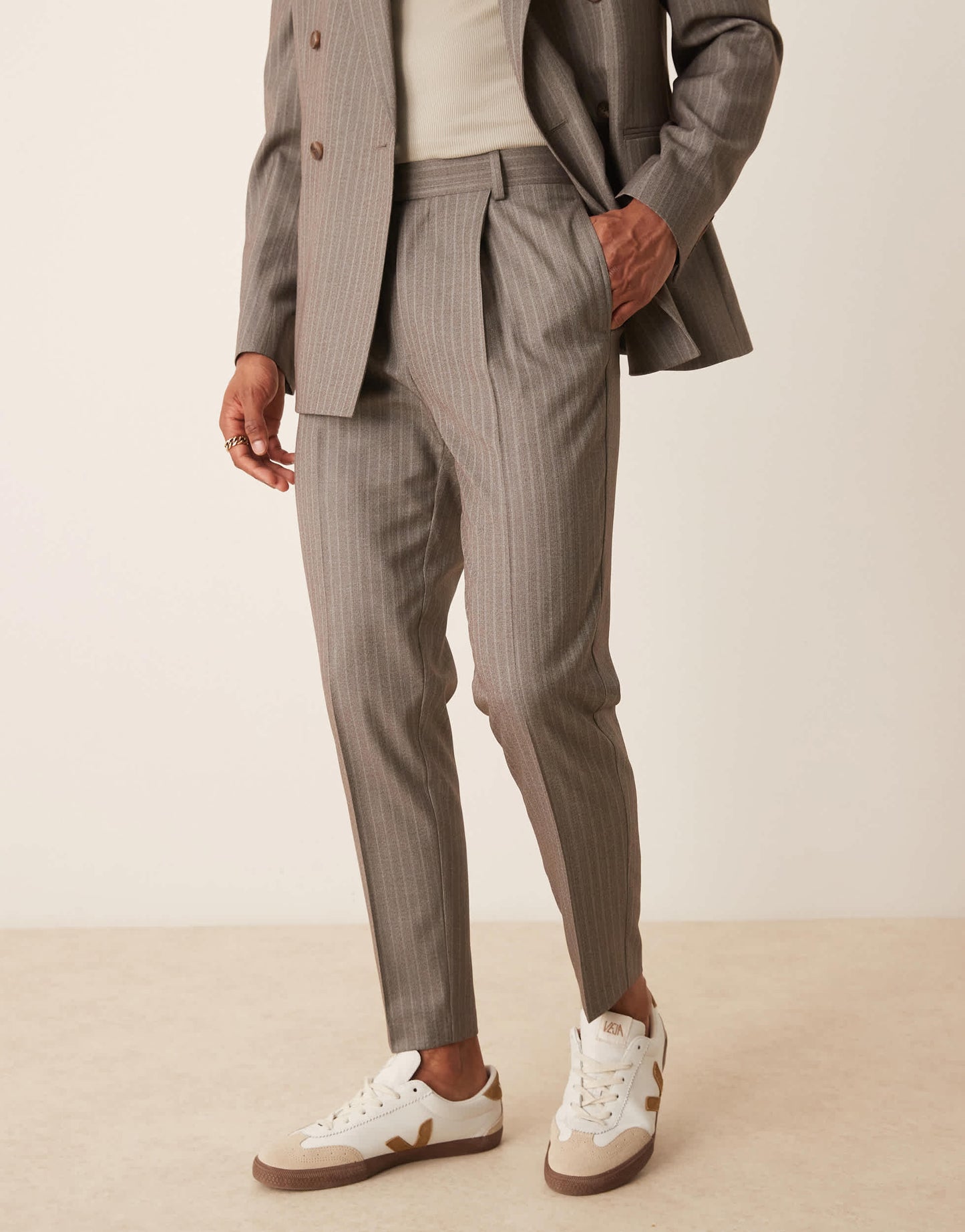 ASOS DESIGN tapered suit trousers in brown pinstripe twill