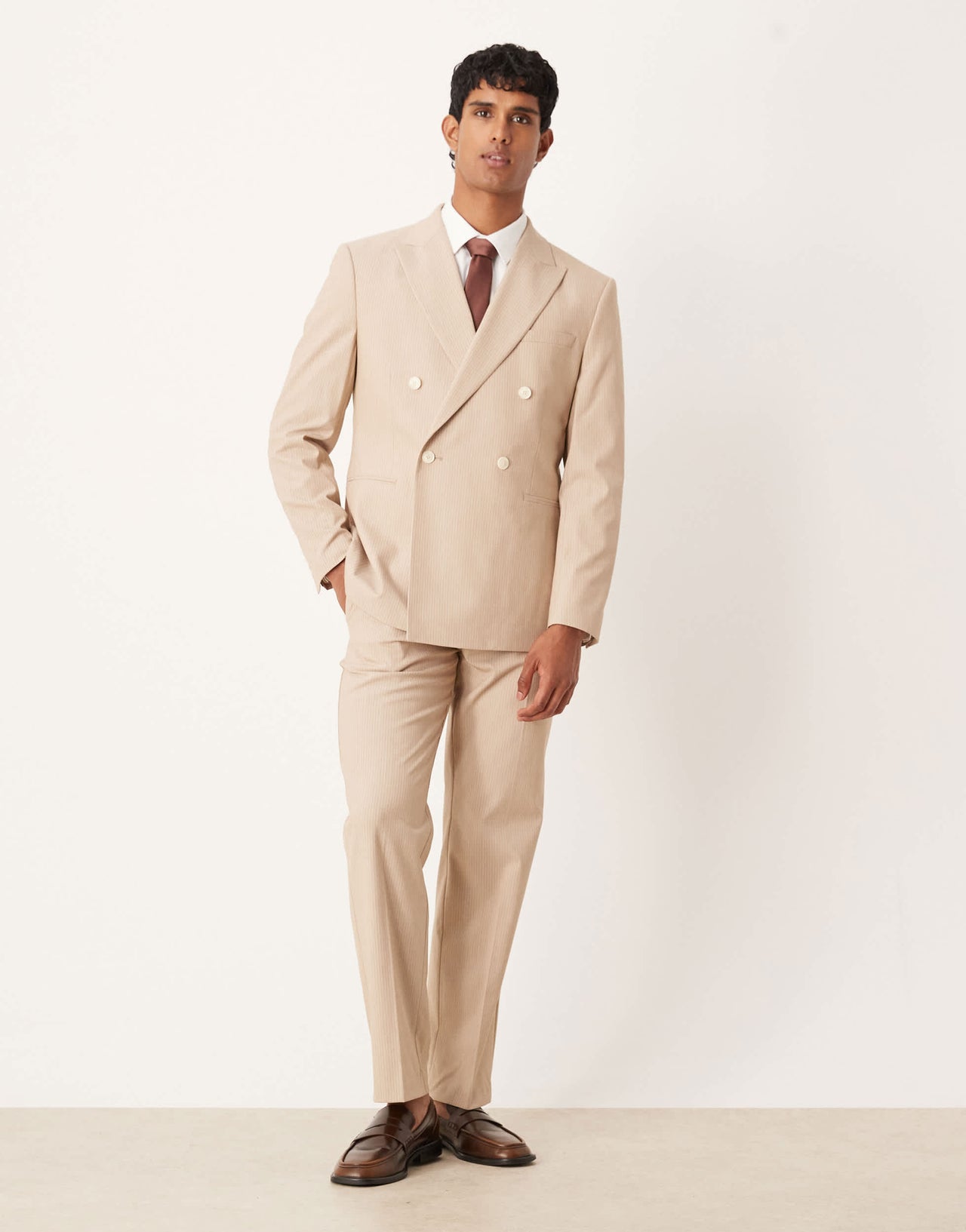 ASOS DESIGN straight leg suit trousers in stone marl pinstripe