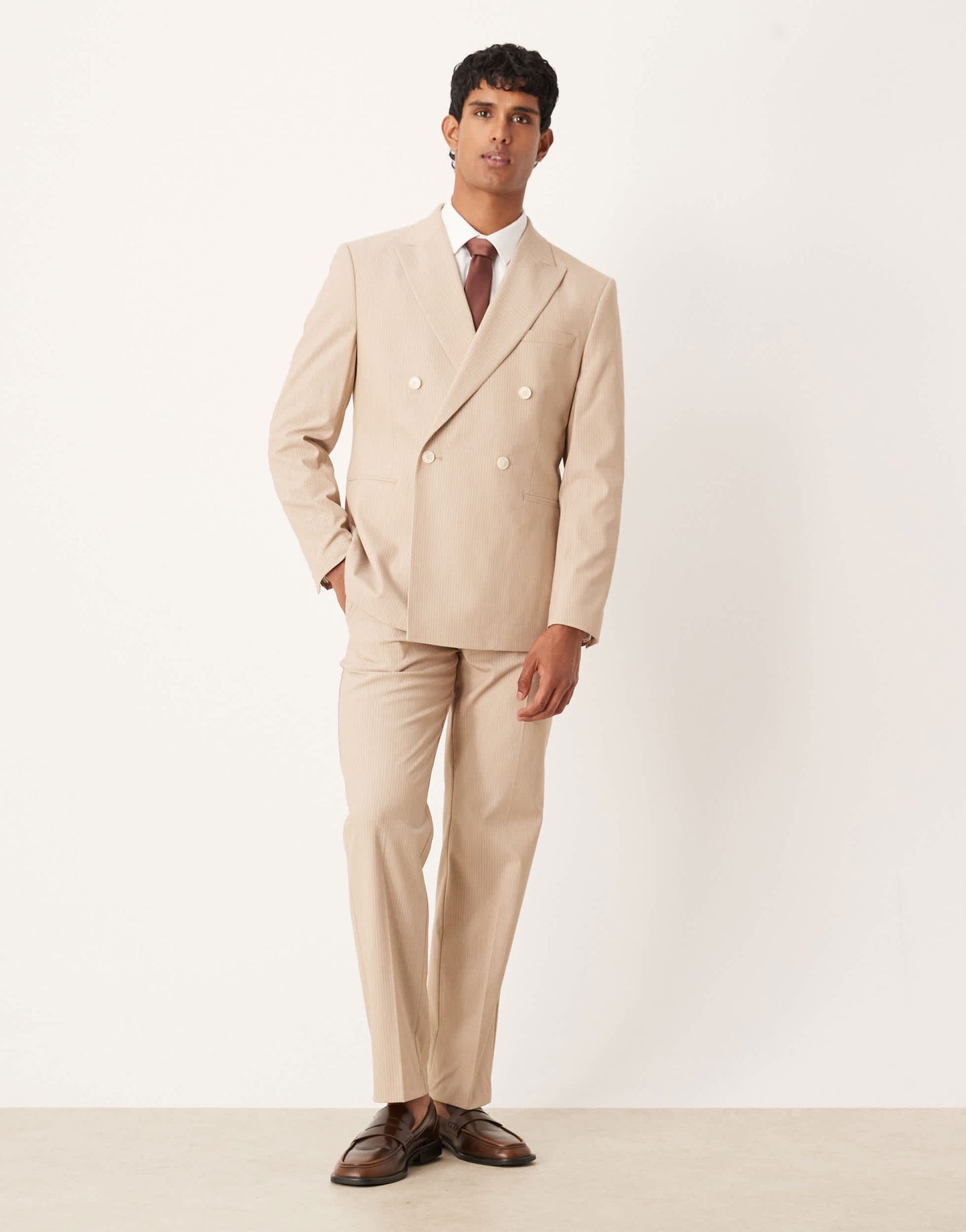 ASOS DESIGN straight leg suit trousers in stone marl pinstripe