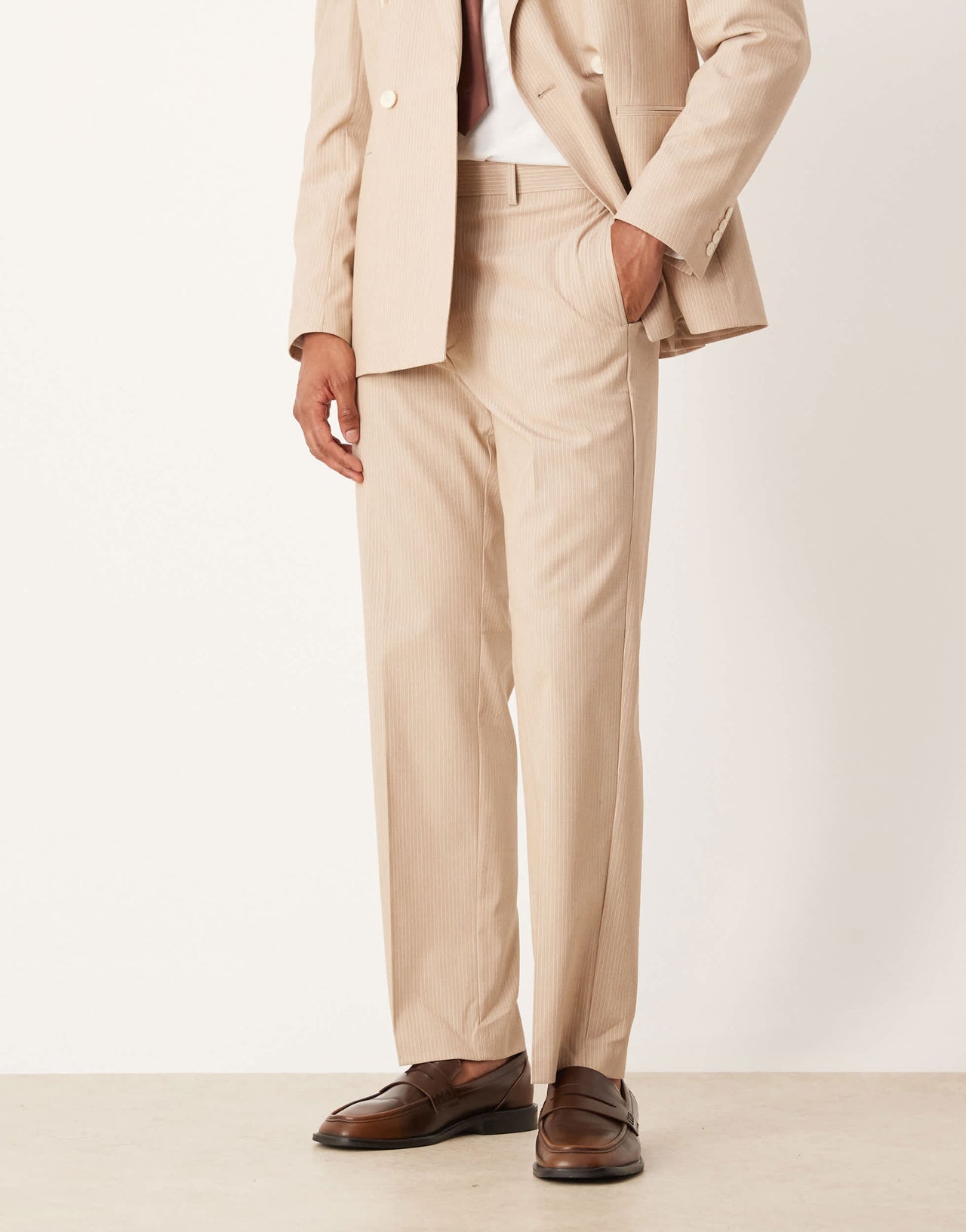 ASOS DESIGN straight leg suit trousers in stone marl pinstripe