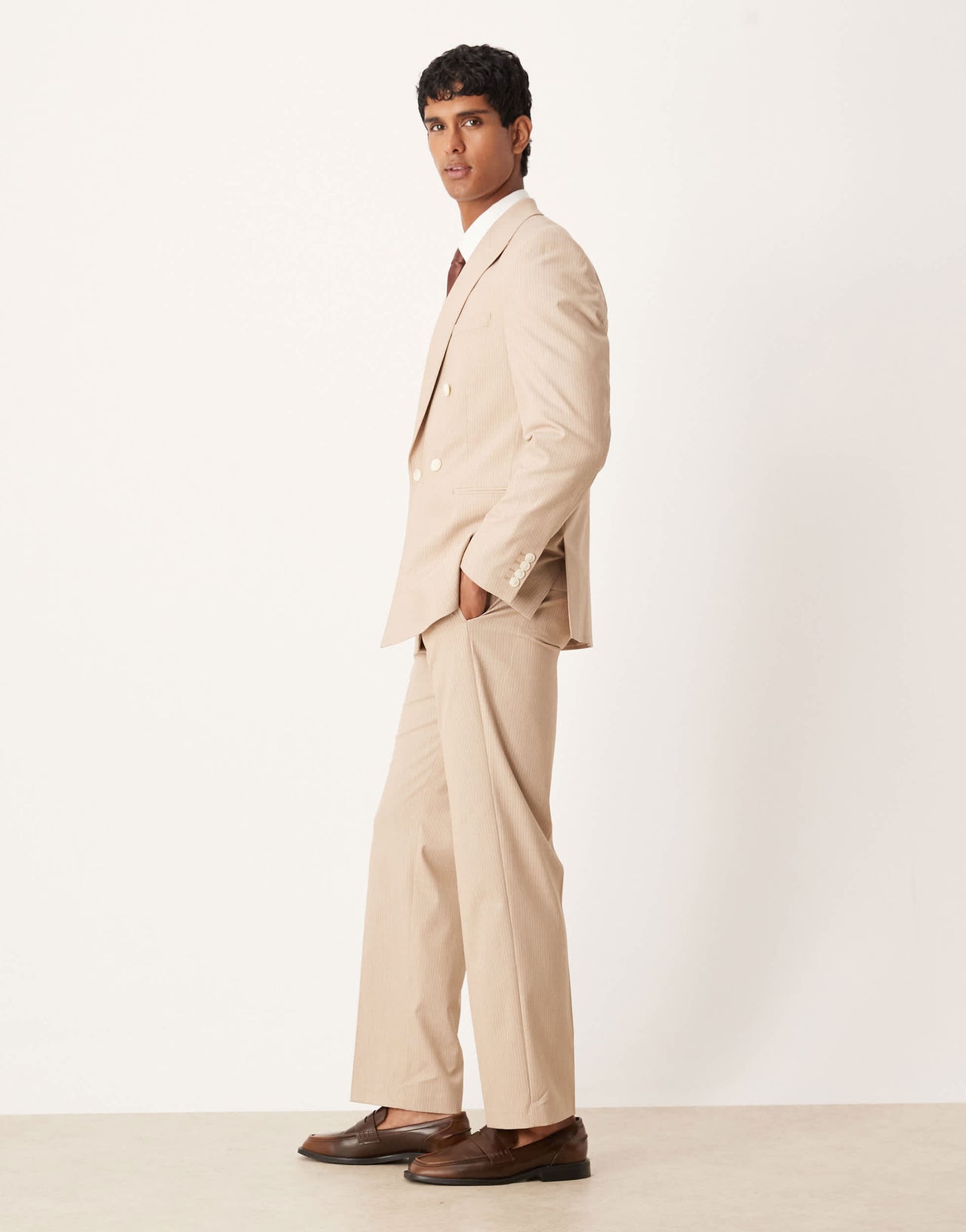 ASOS DESIGN straight leg suit trousers in stone marl pinstripe
