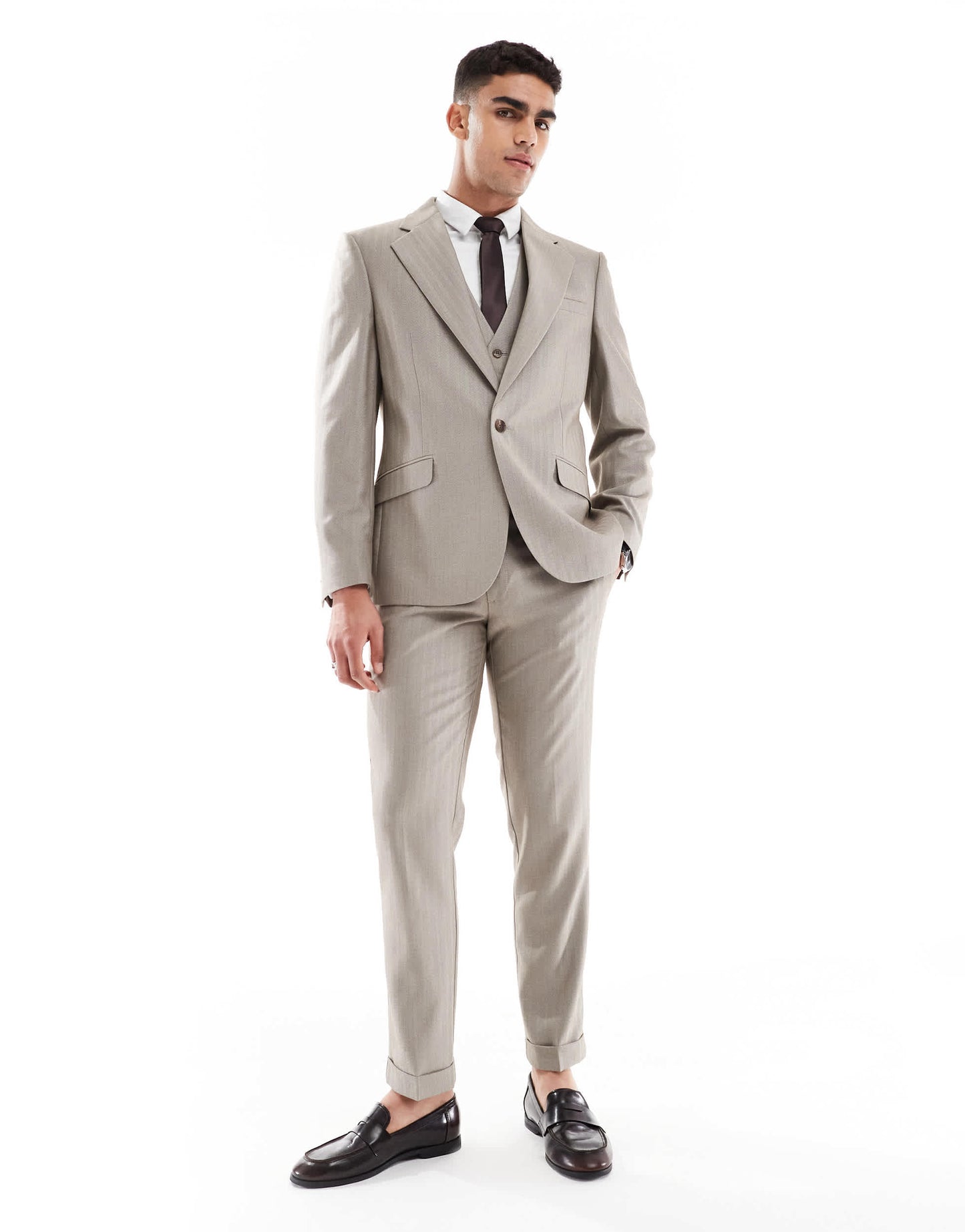 ASOS DESIGN wedding wool mix slim suit jacket in brown herringbone