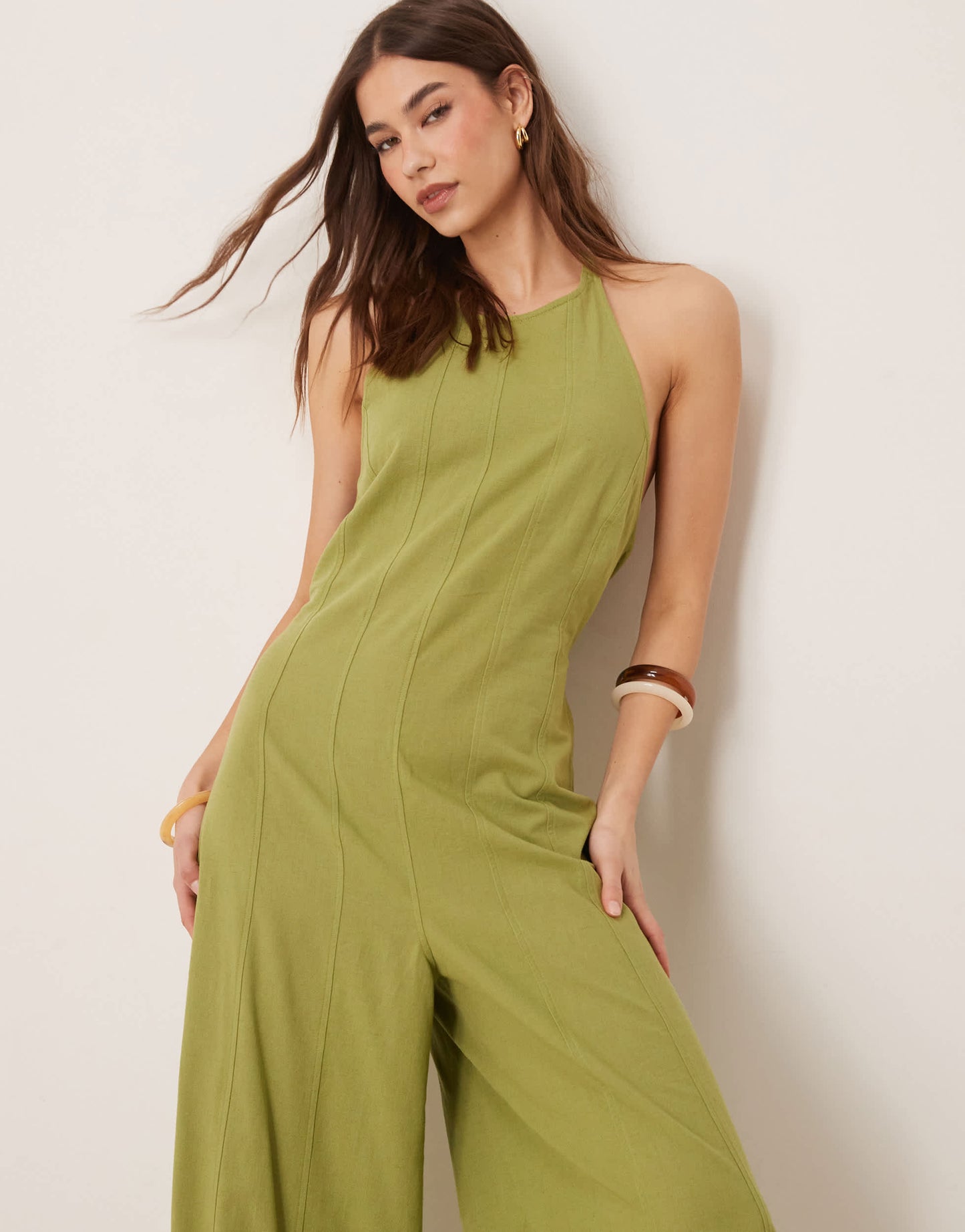 ASOS DESIGN halterneck seamed jumspuit with wide leg in sage