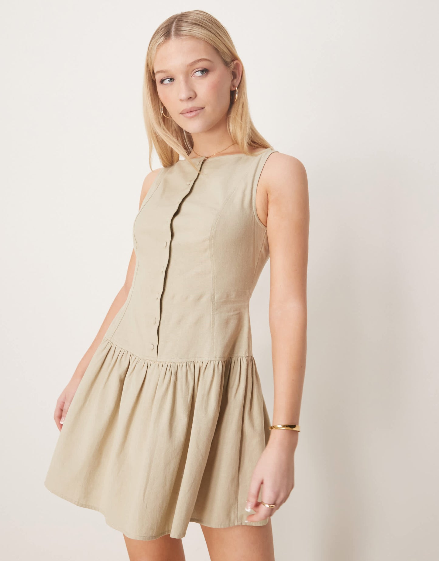 ASOS DESIGN slash neck button down dropped waist mini dress in putty