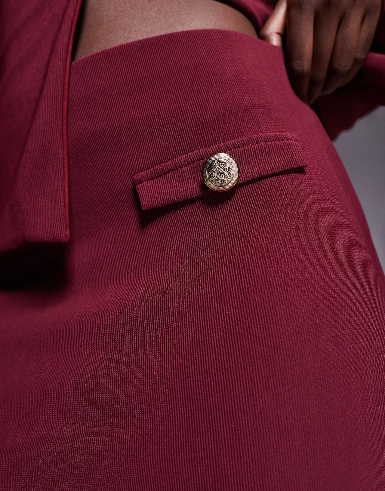 ASOS DESIGN co-ord ribbed mini skirt with pocket detail in burgundy