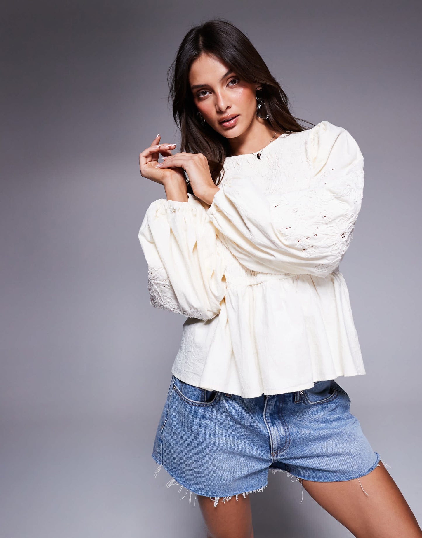 River Island long sleeve shirred top in cream