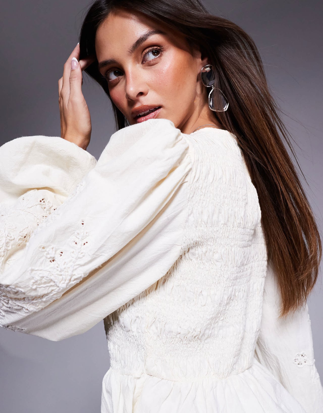 River Island long sleeve shirred top in cream