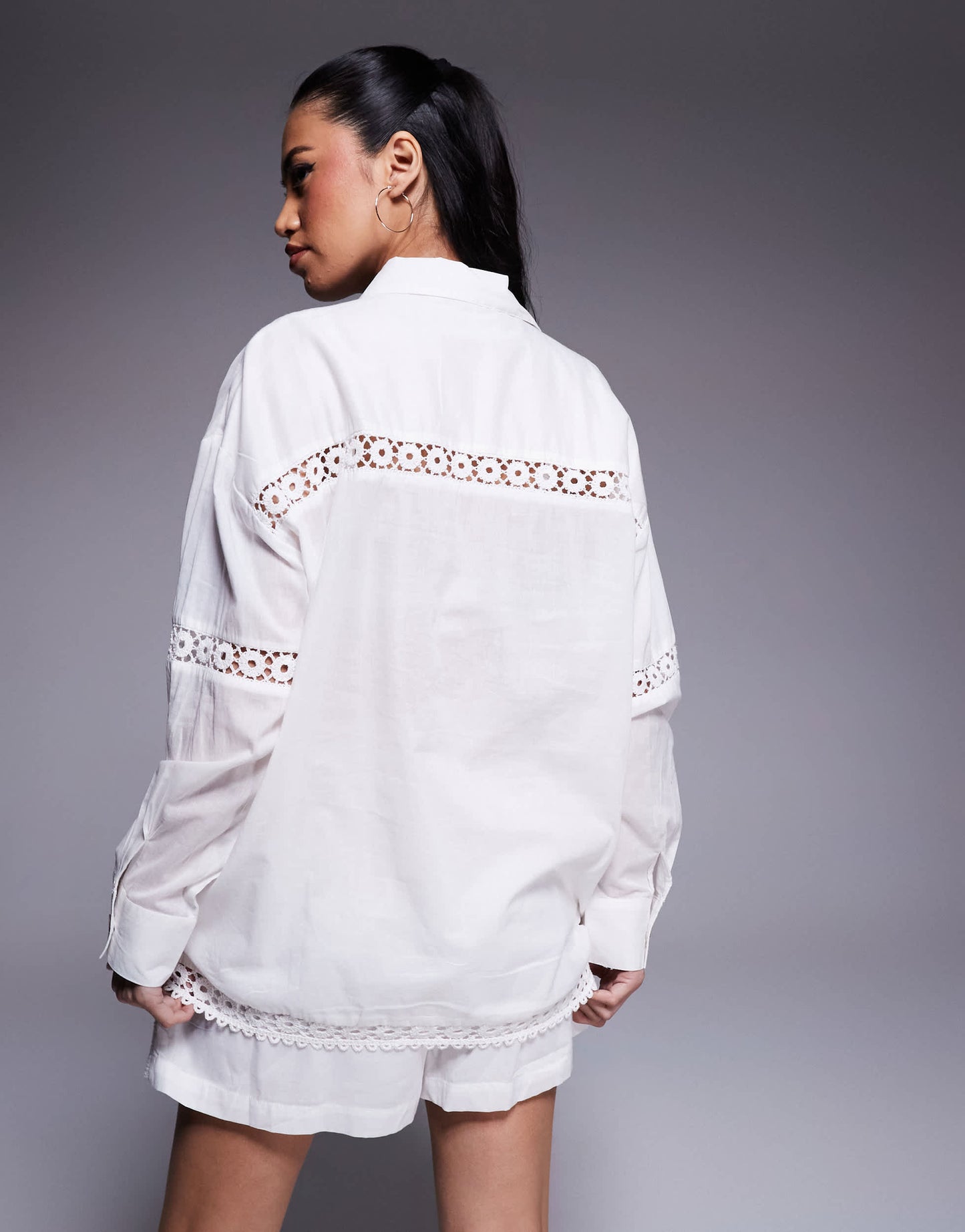 River Island lace insert shirt co-ord in white