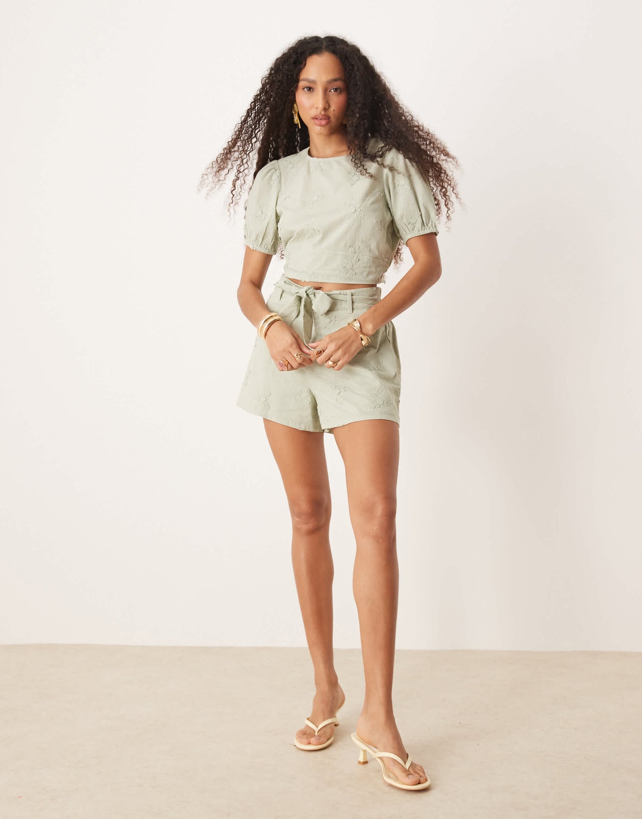 ASOS DESIGN open back top with 3D floral embroidery co-ord in green