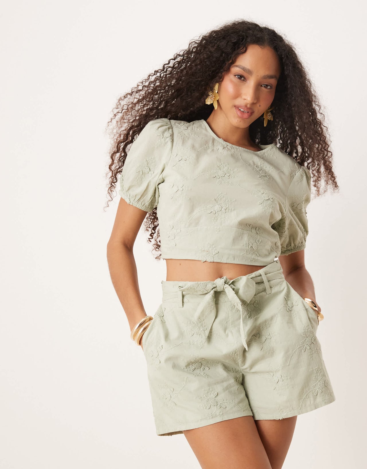 ASOS DESIGN open back top with 3D floral embroidery co-ord in green