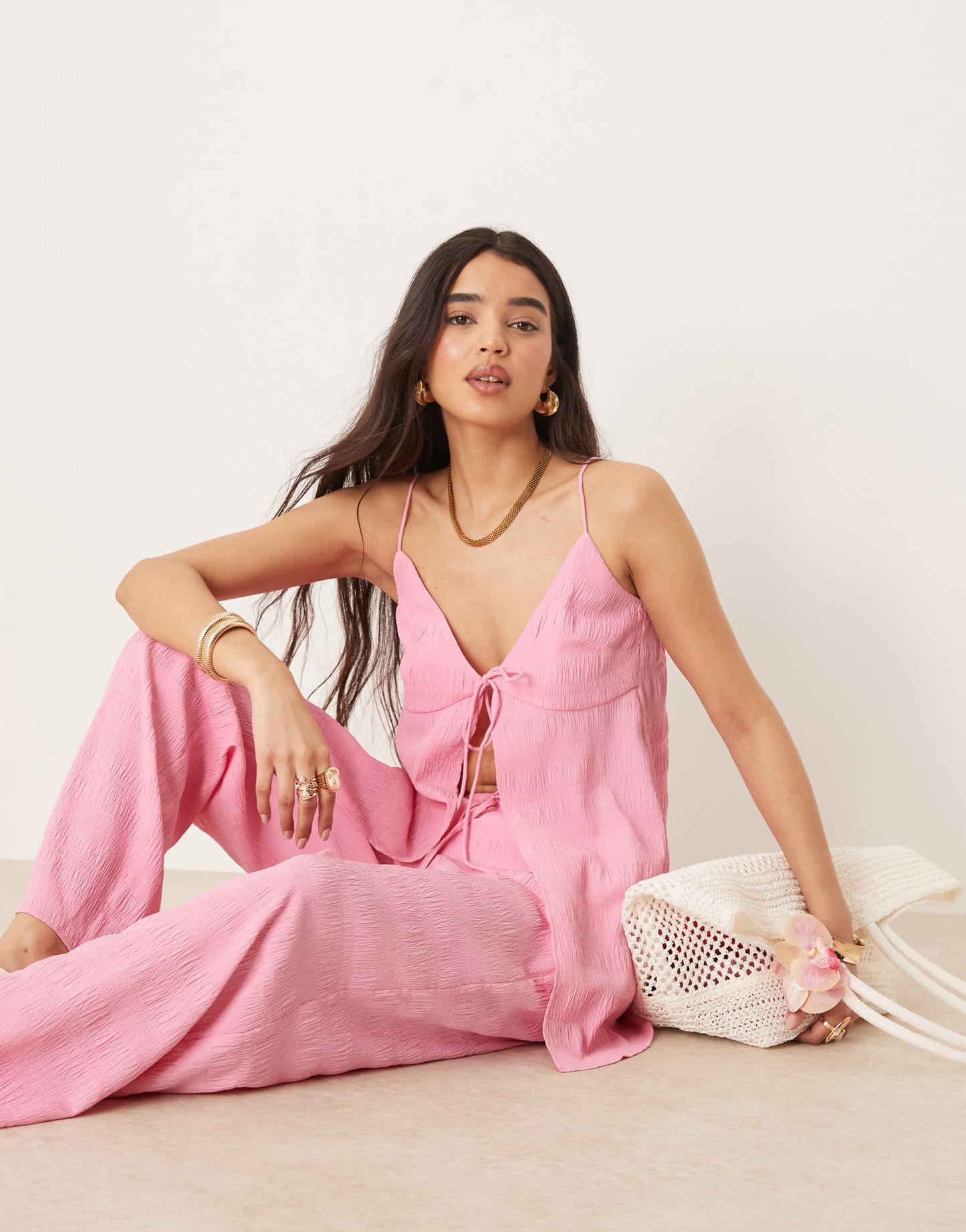 ASOS DESIGN longline tie front cami co-ord in hot pink