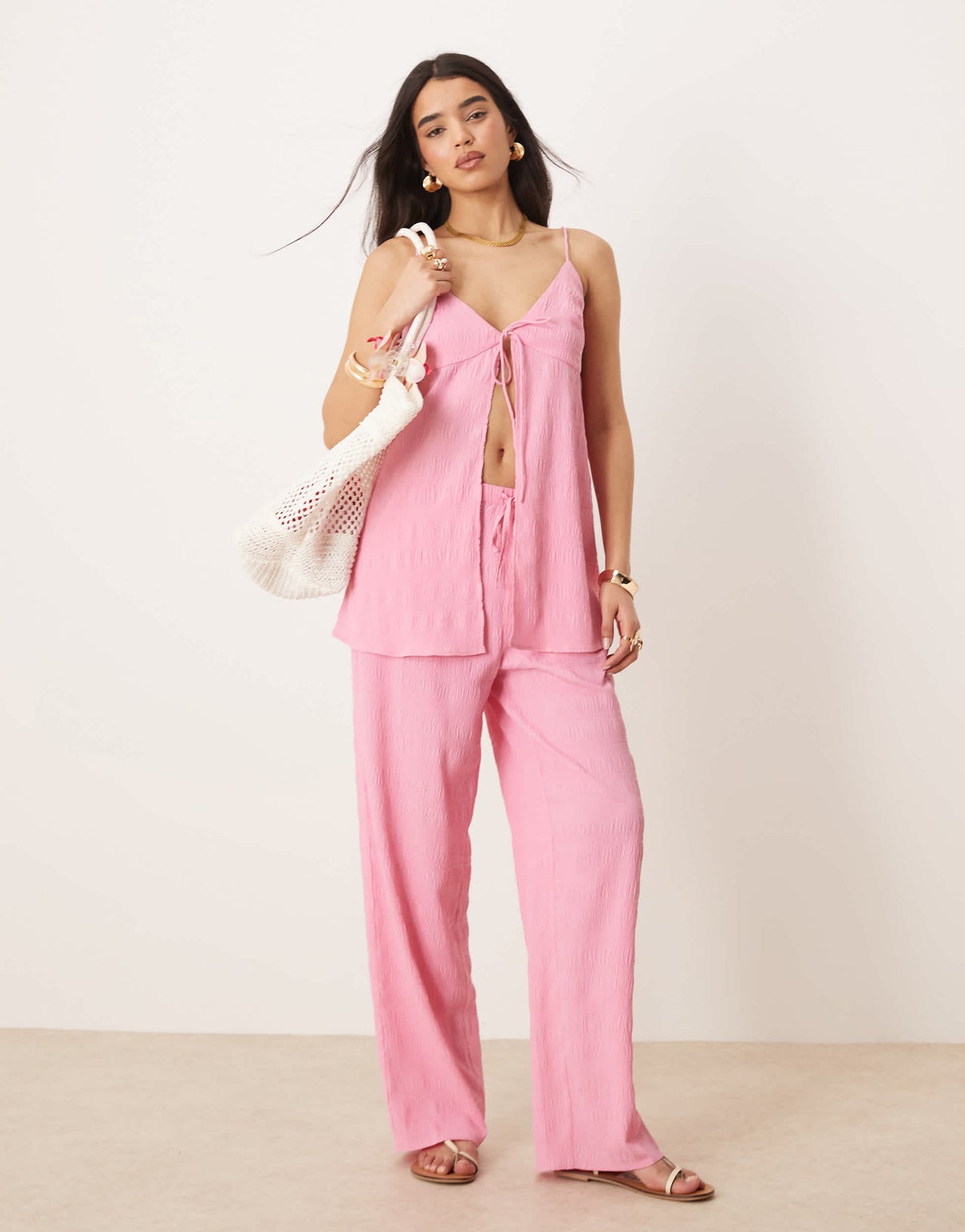 ASOS DESIGN longline tie front cami co-ord in hot pink