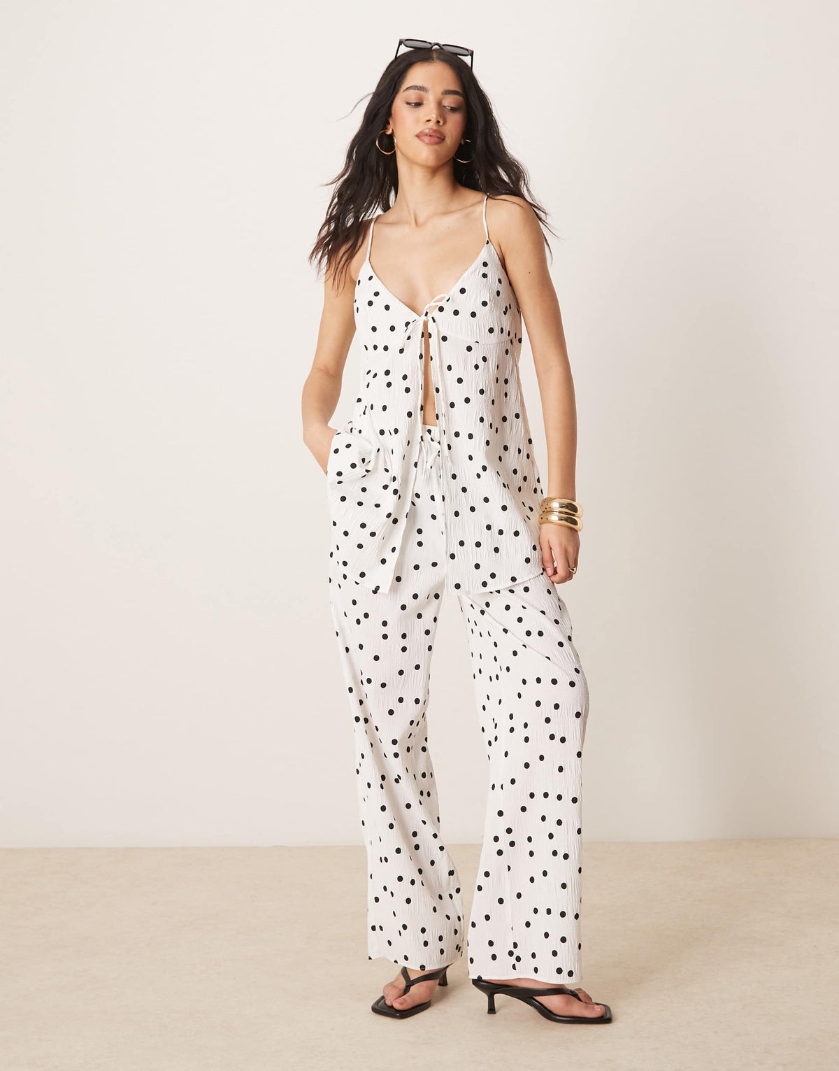 ASOS DESIGN longline tie front cami co-ord in textured polka dot in white - WHITE