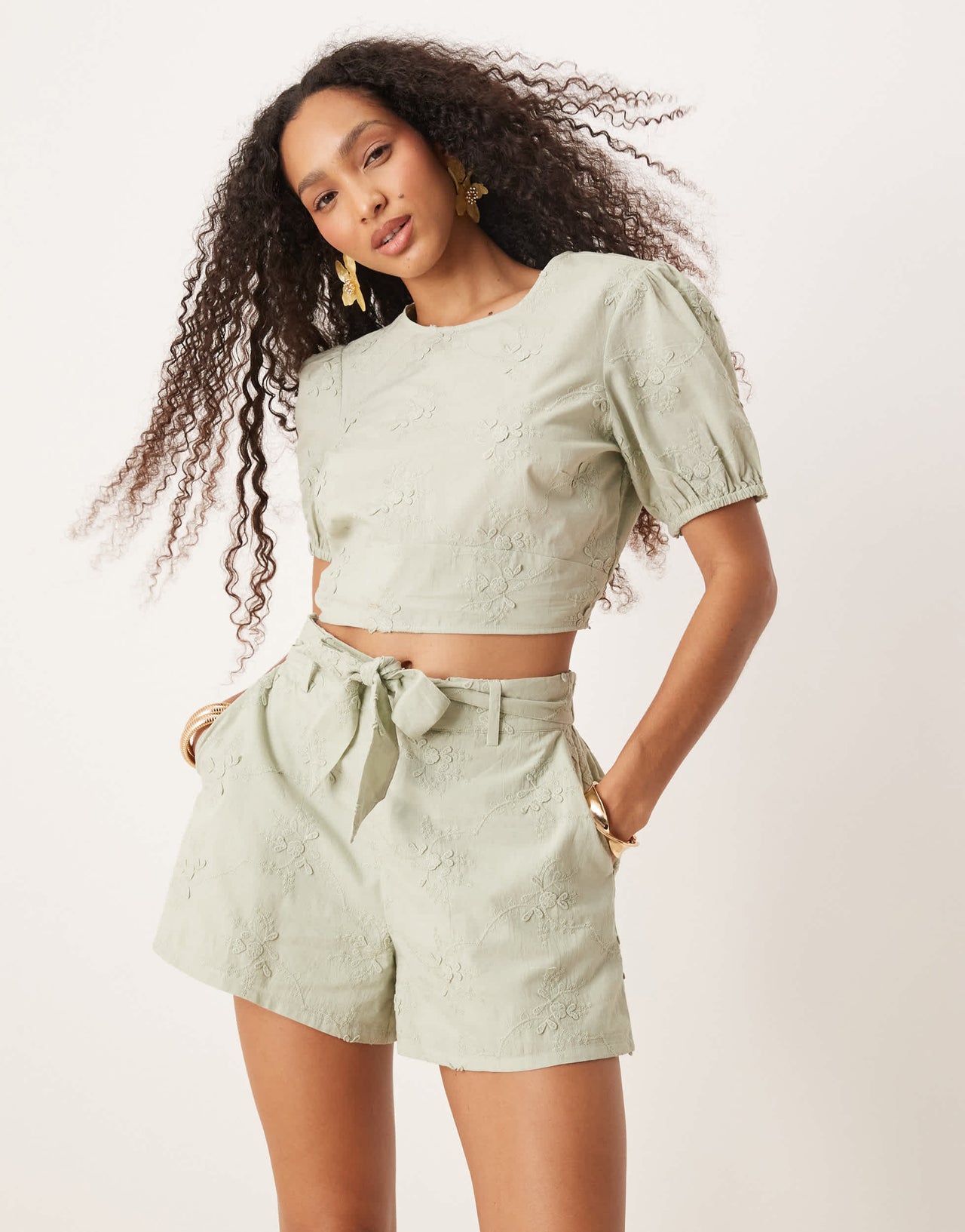 ASOS DESIGN pull on dad shorts in 3D floral embroidery co-ord in green