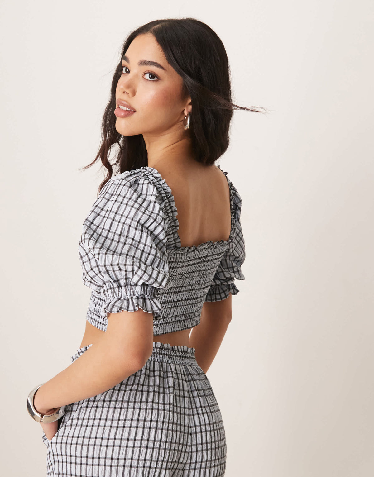 ASOS DESIGN shirred seersucker square neck puff sleeve top co-ord in blue