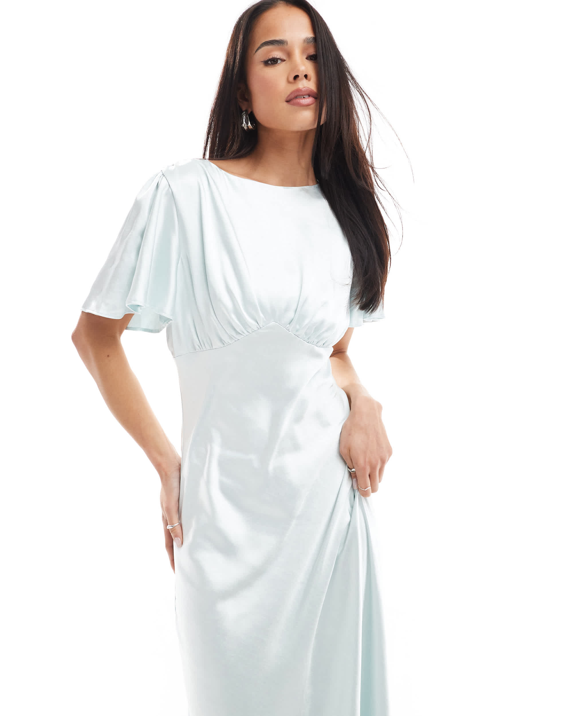 Six Stories Bridesmaid empire waist satin maxi dress in ice blue – ASOS ...