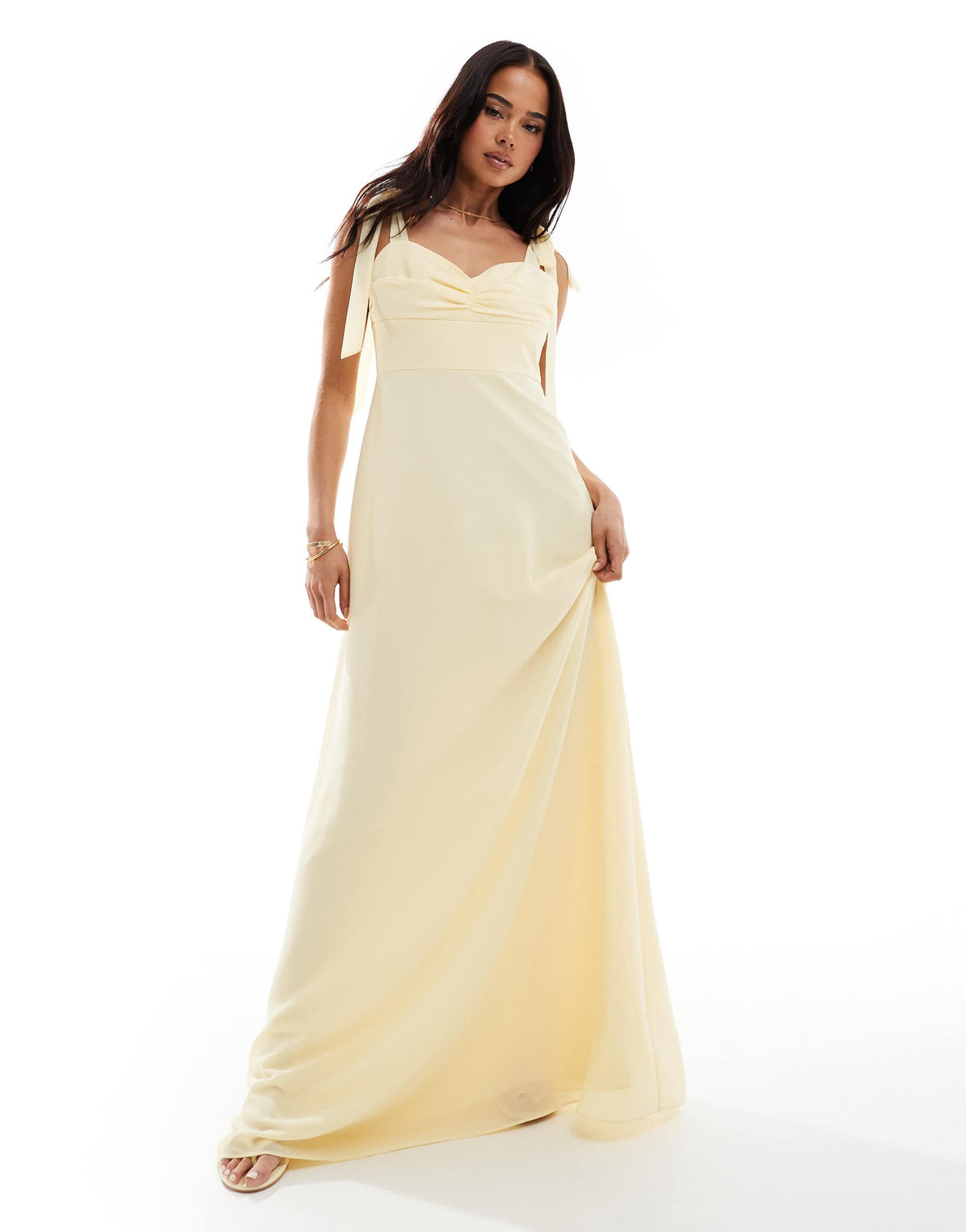 Six Stories Bridesmaid bow shoulder chiffon maxi dress in lemon
