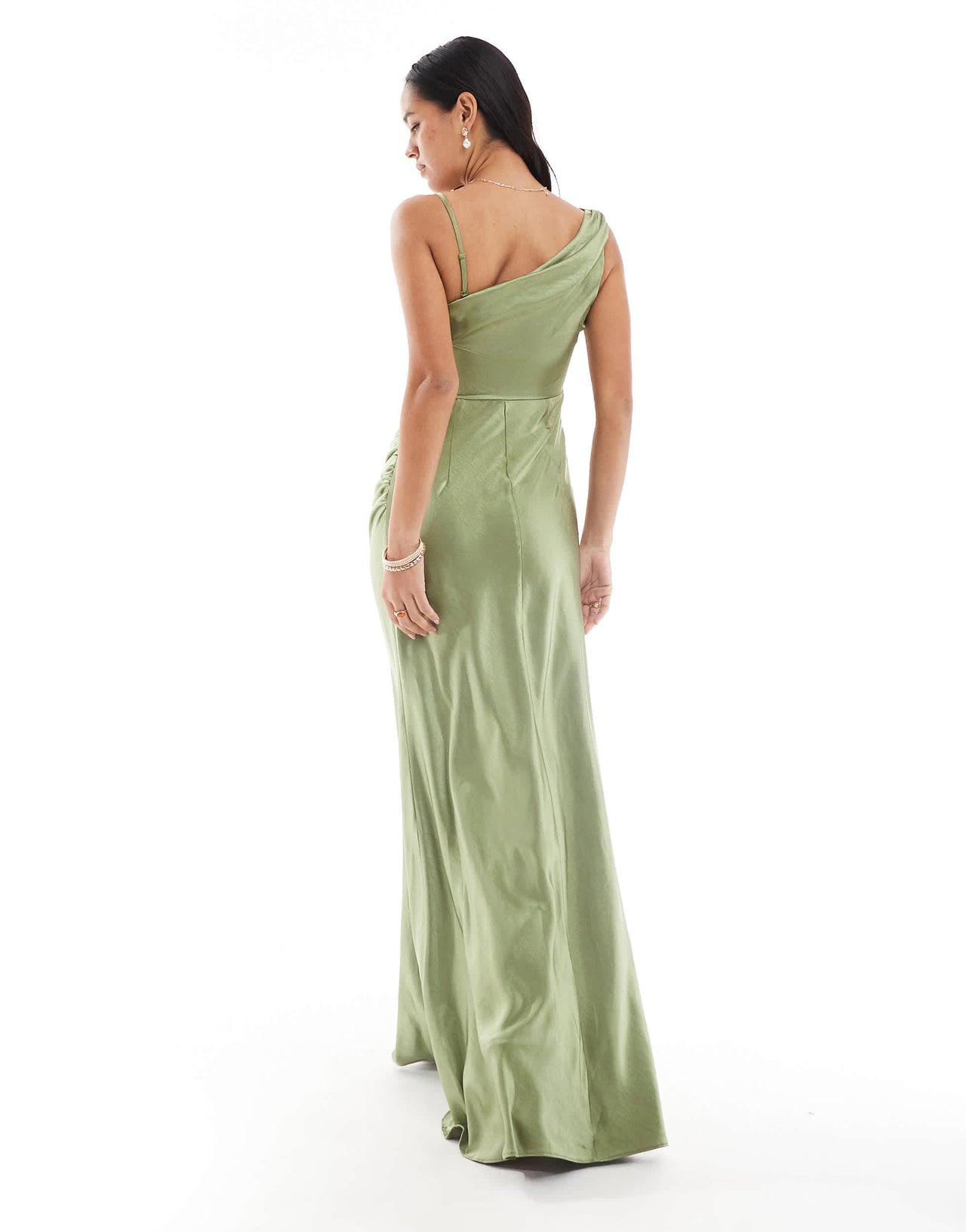 Six Stories Bridesmaid asymmetric ruched satin maxi dress in moss green