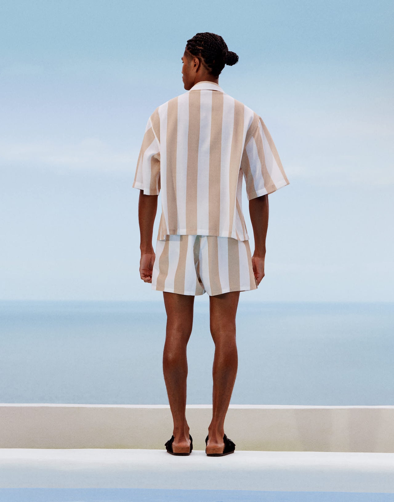 ASOS DESIGN co-ord boxy oversized revere shirt in white and stone stripe with embroidery