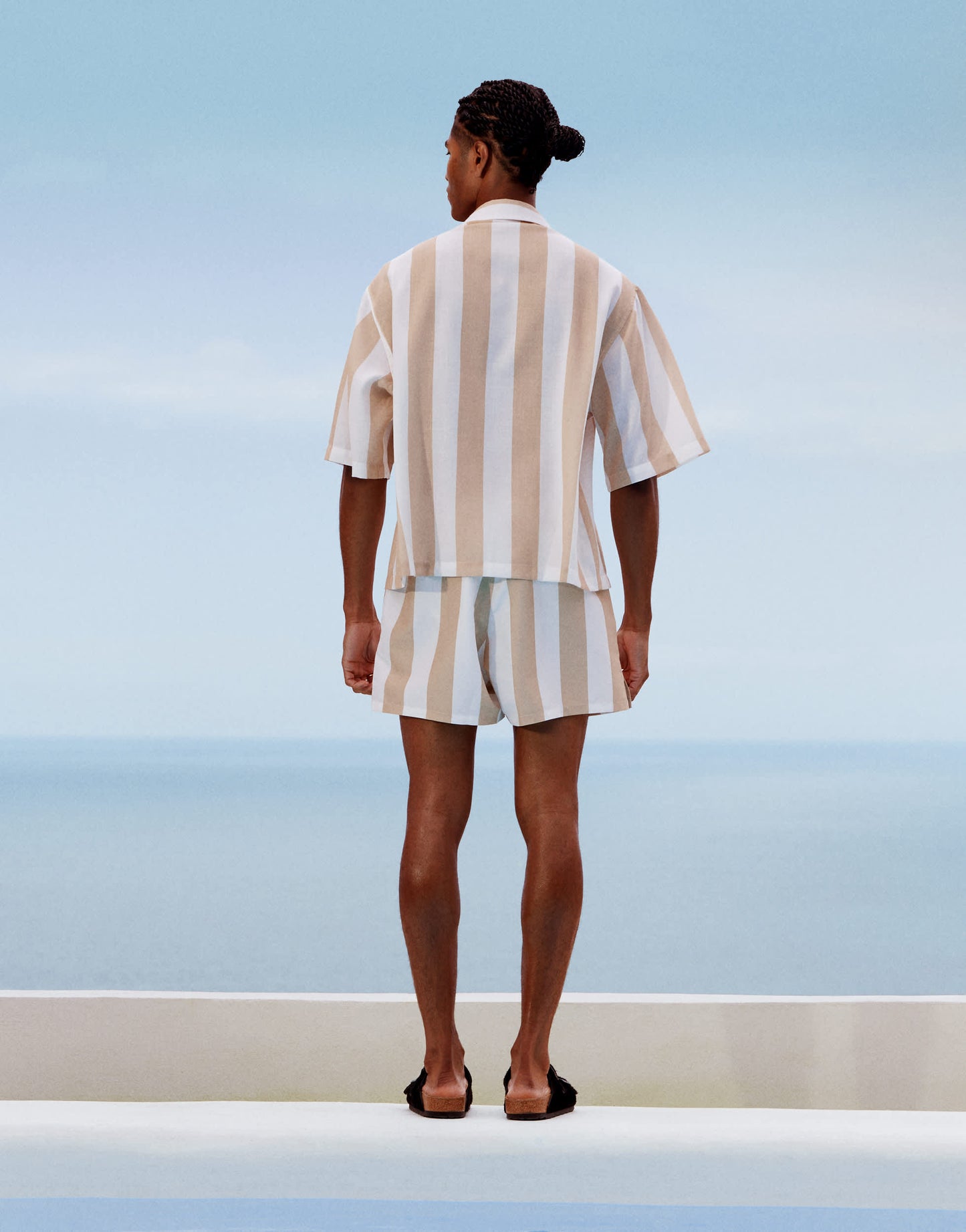 ASOS DESIGN co-ord boxy oversized revere shirt in white and stone stripe with embroidery