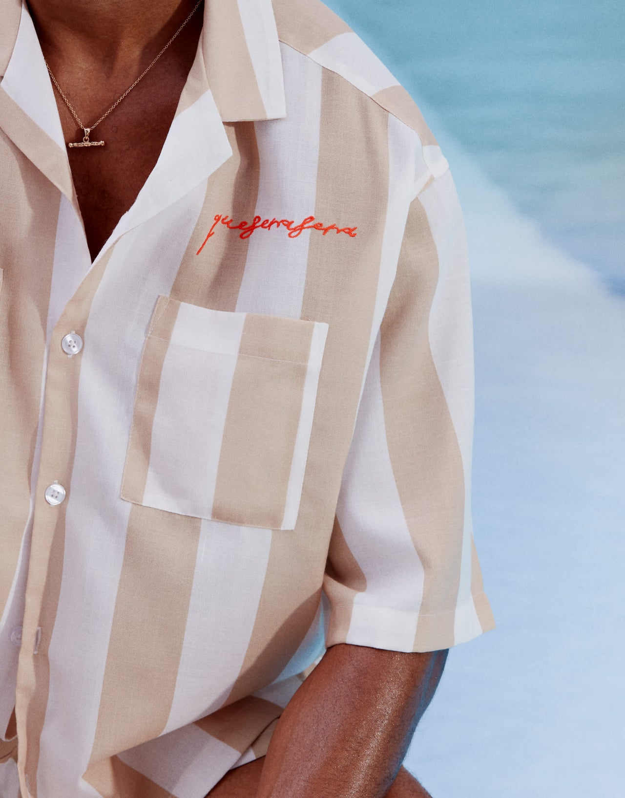 ASOS DESIGN co-ord boxy oversized revere shirt in white and stone stripe with embroidery