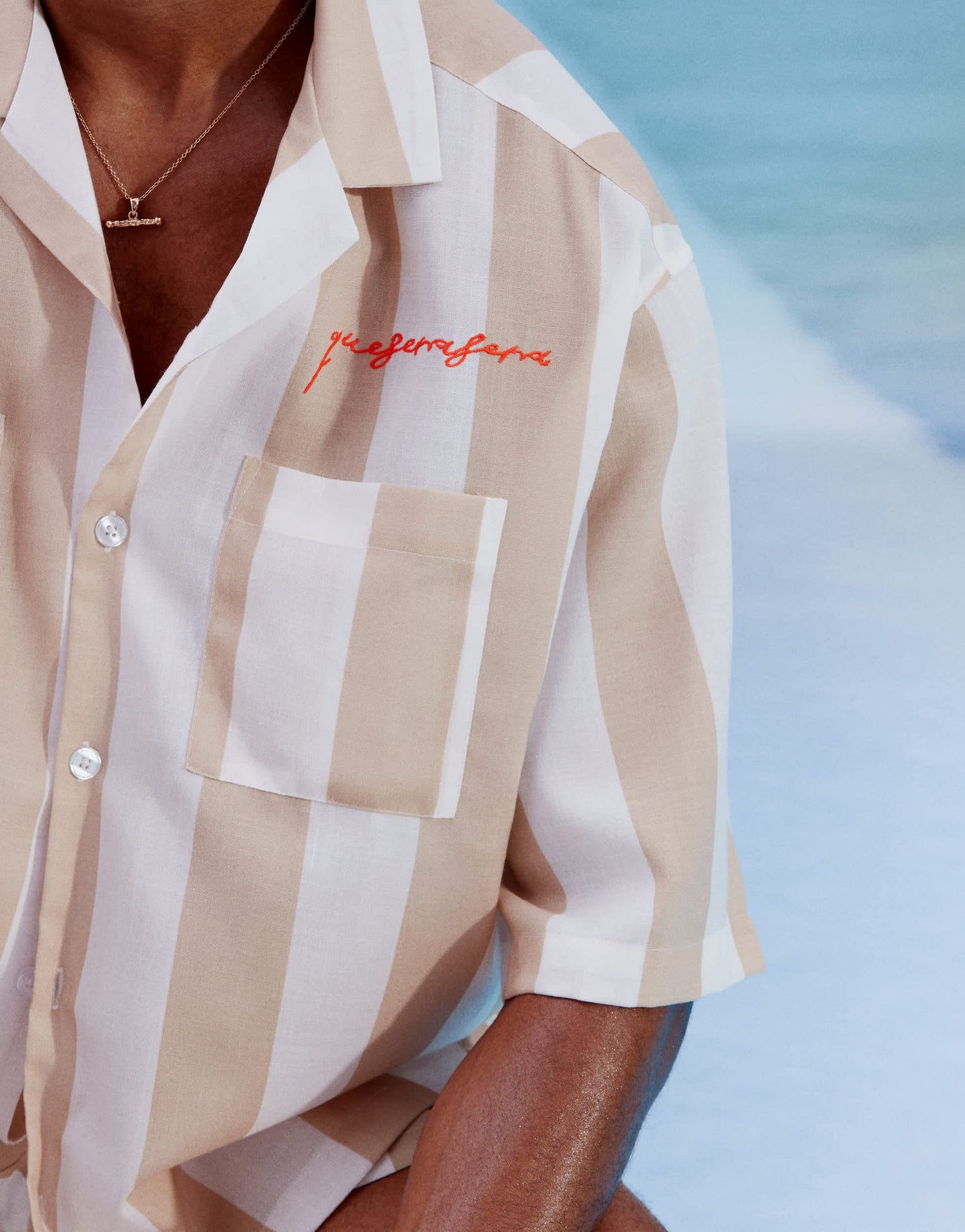ASOS DESIGN co-ord boxy oversized revere shirt in white and stone stripe with embroidery