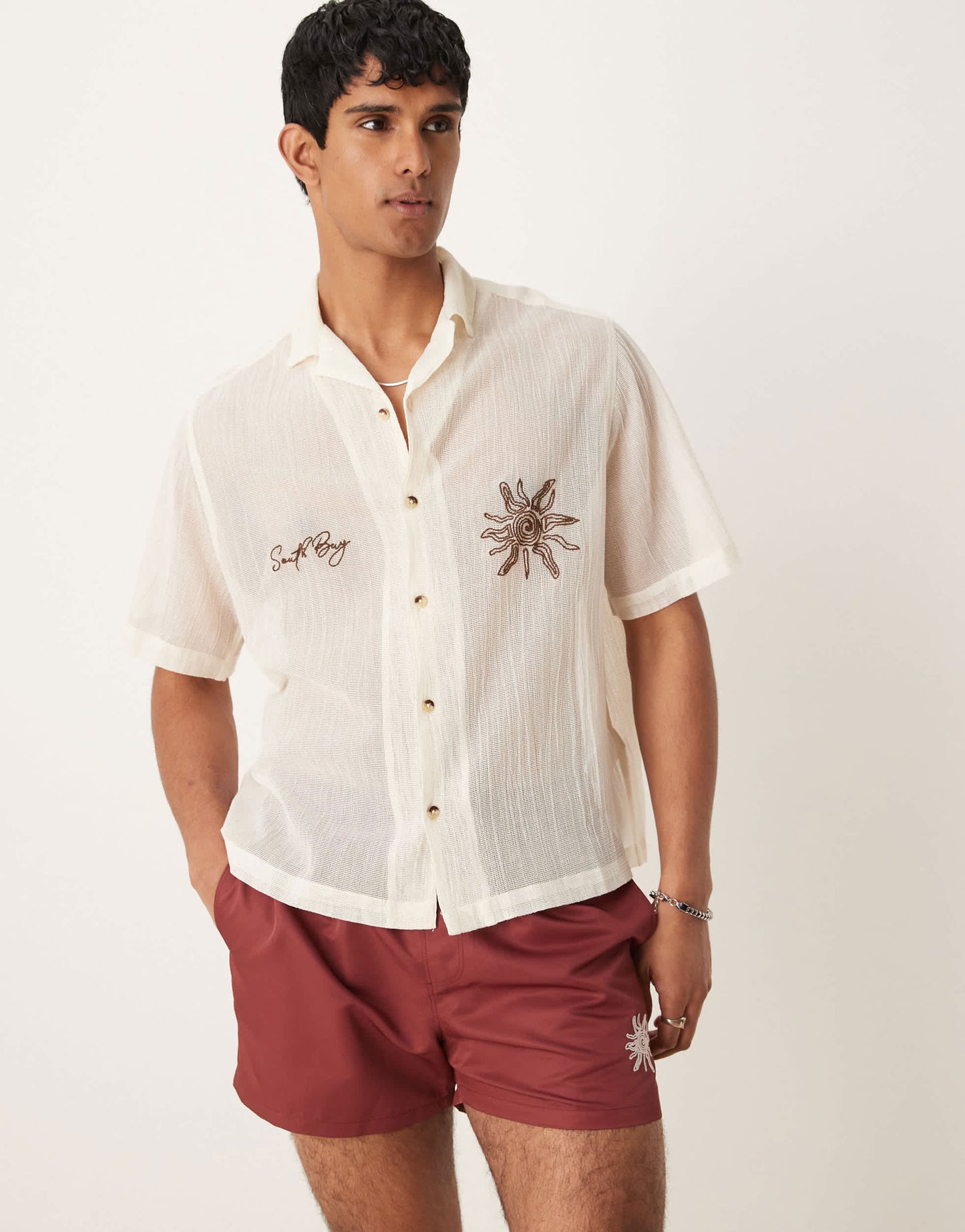 ASOS DESIGN co-ord boxy revere shirt with chest embroidery in cream