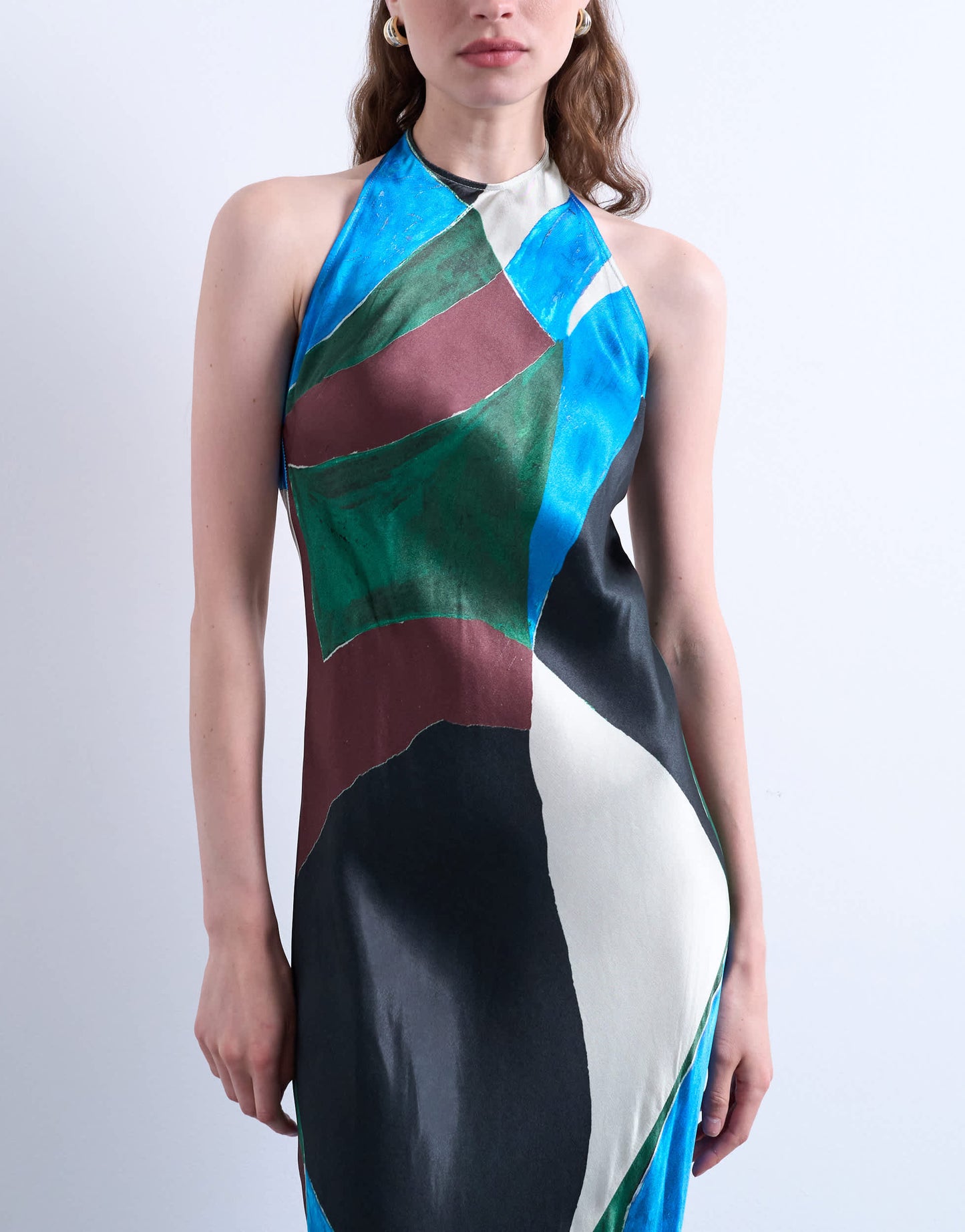 Topshop satin halterneck dress in abstract shape print