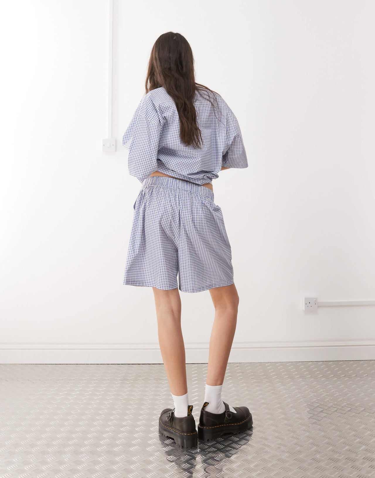 Reclaimed Vintage unisex boxy pull on shorts in blue and white gingham
