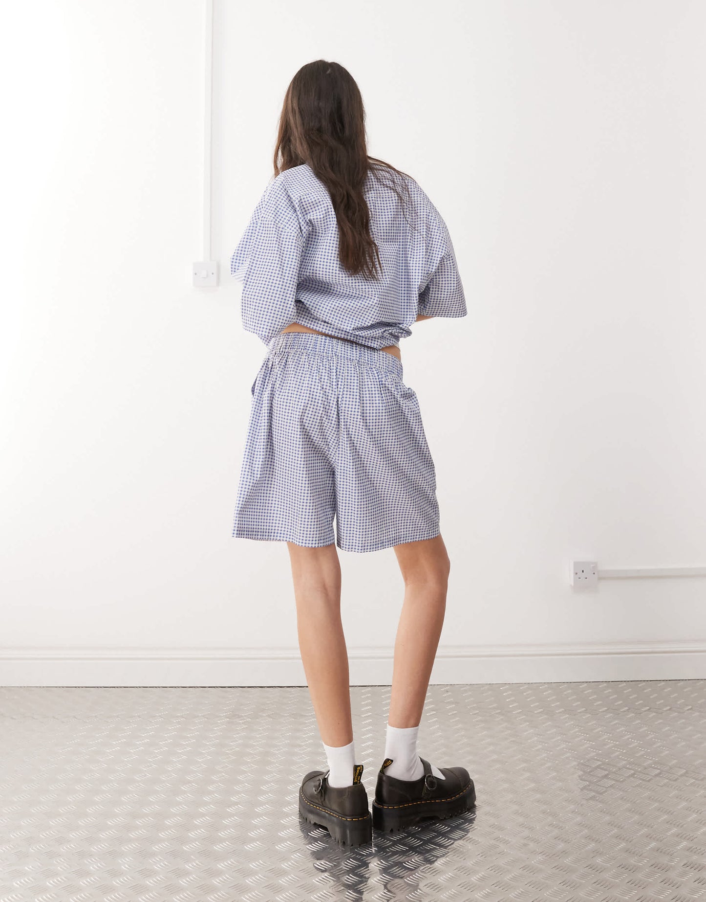 Reclaimed Vintage unisex boxy pull on shorts in blue and white gingham
